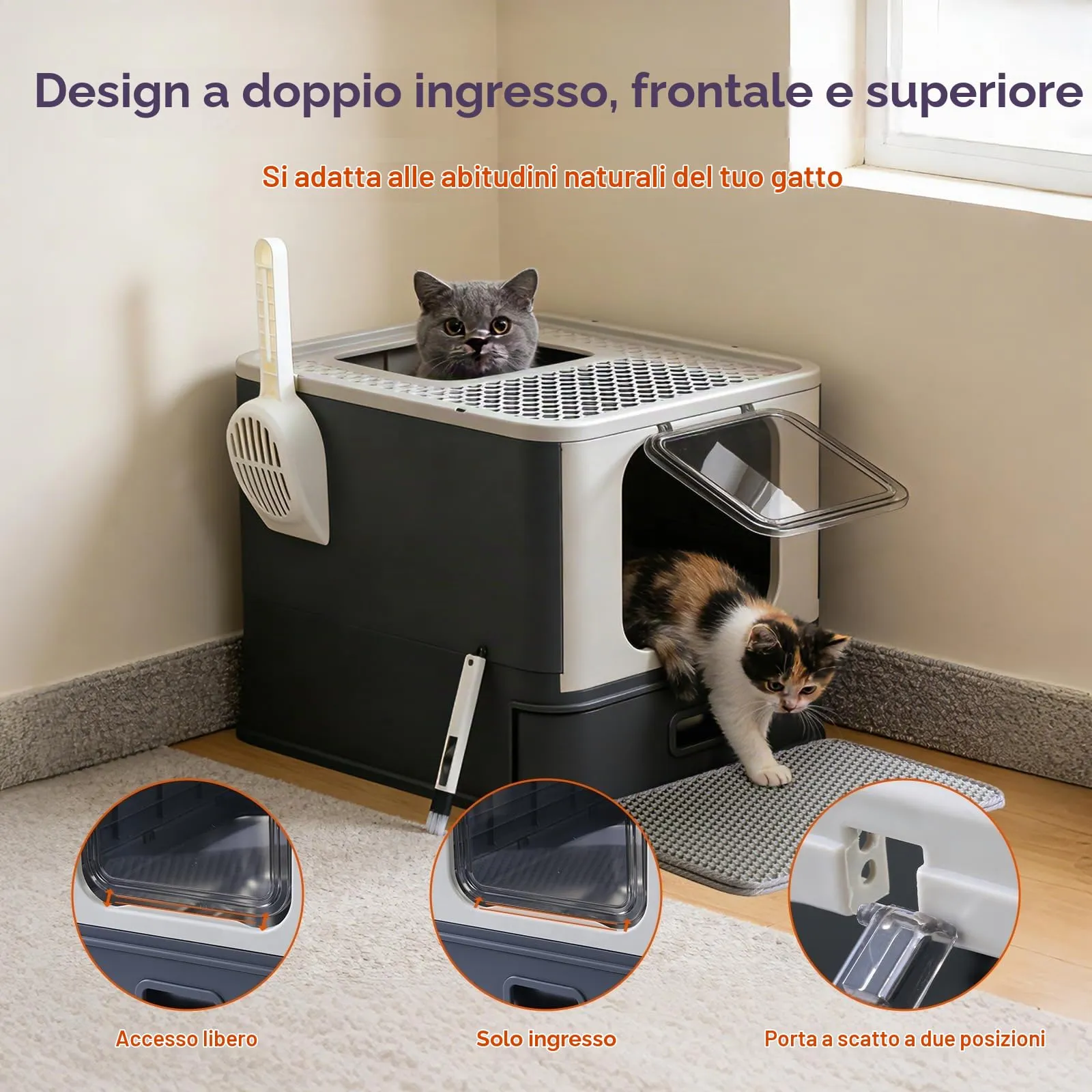 Marchul Lettiera per Gatti in Acciaio Inox, Cassetta Igienica Chiusa con Coperchio, Sistema a Cassetto e Doppio Accesso, Grigio Scuro - immagine 3