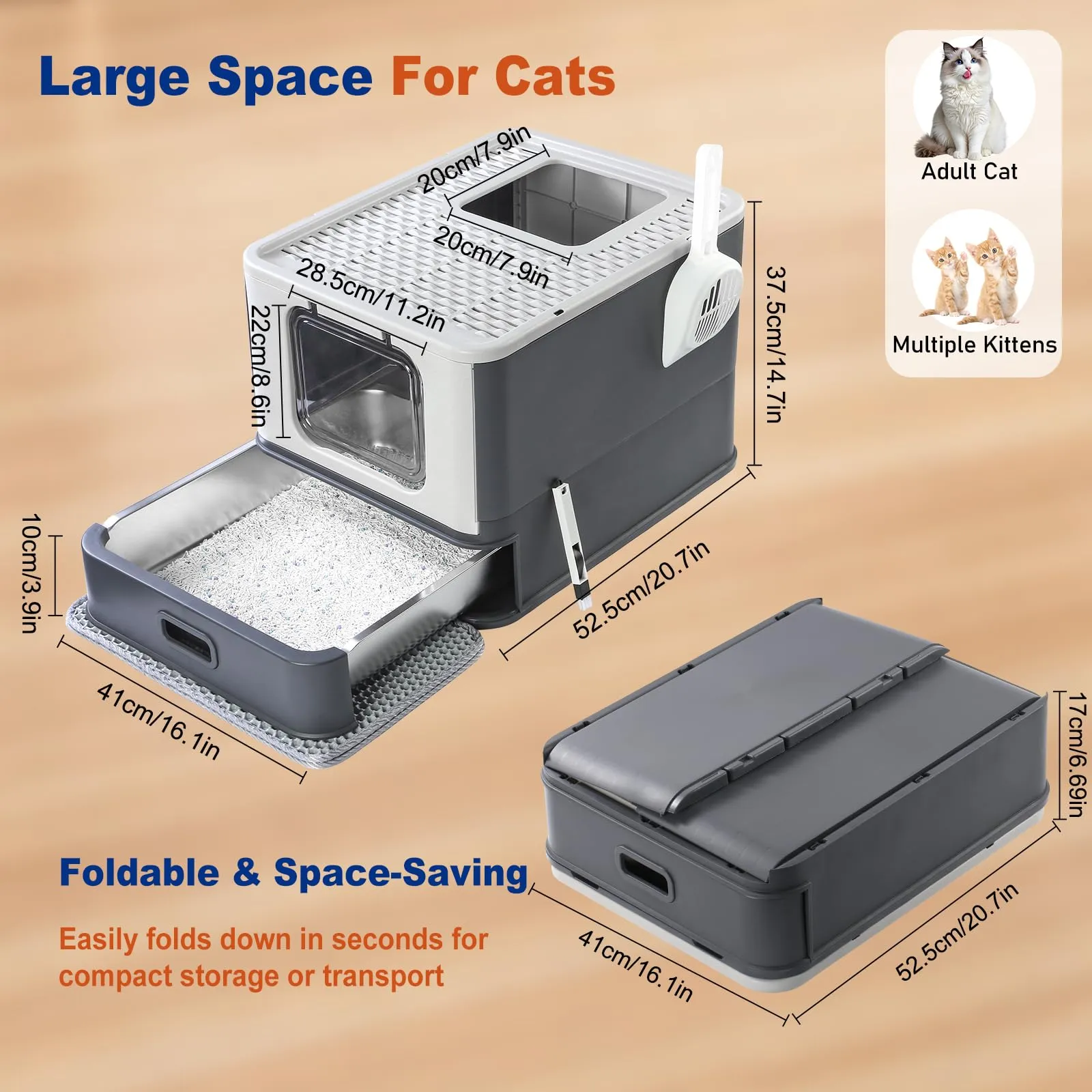 Marchul Lettiera per Gatti in Acciaio Inox, Cassetta Igienica Chiusa con Coperchio, Sistema a Cassetto e Doppio Accesso, Grigio Scuro - immagine 5