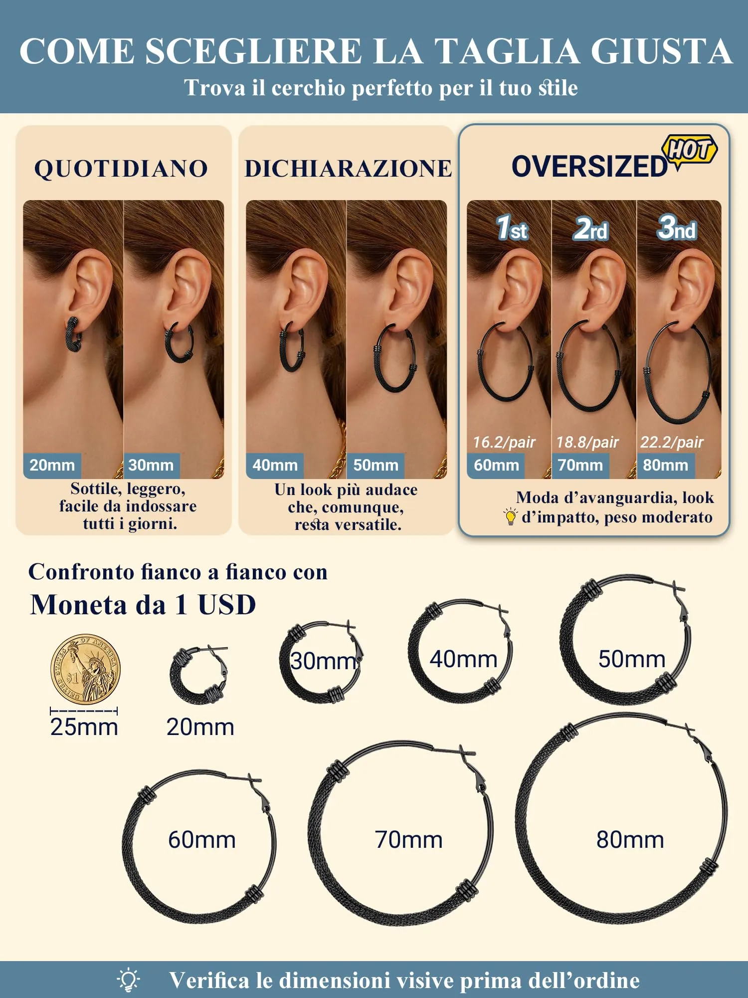 PROSTEEL Orecchini a Cerchio in Acciaio Inossidabile 70mm Nero - immagine 3