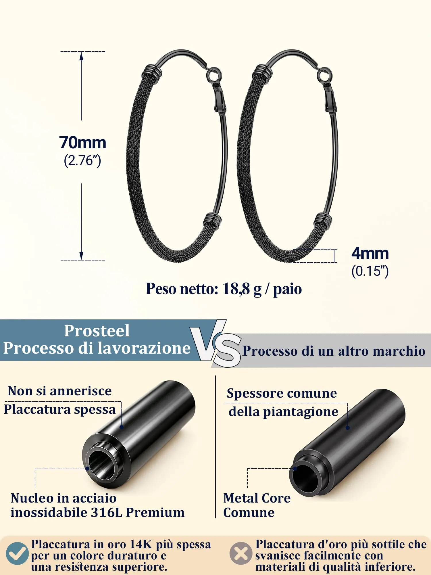 PROSTEEL Orecchini a Cerchio in Acciaio Inossidabile 70mm Nero - immagine 5