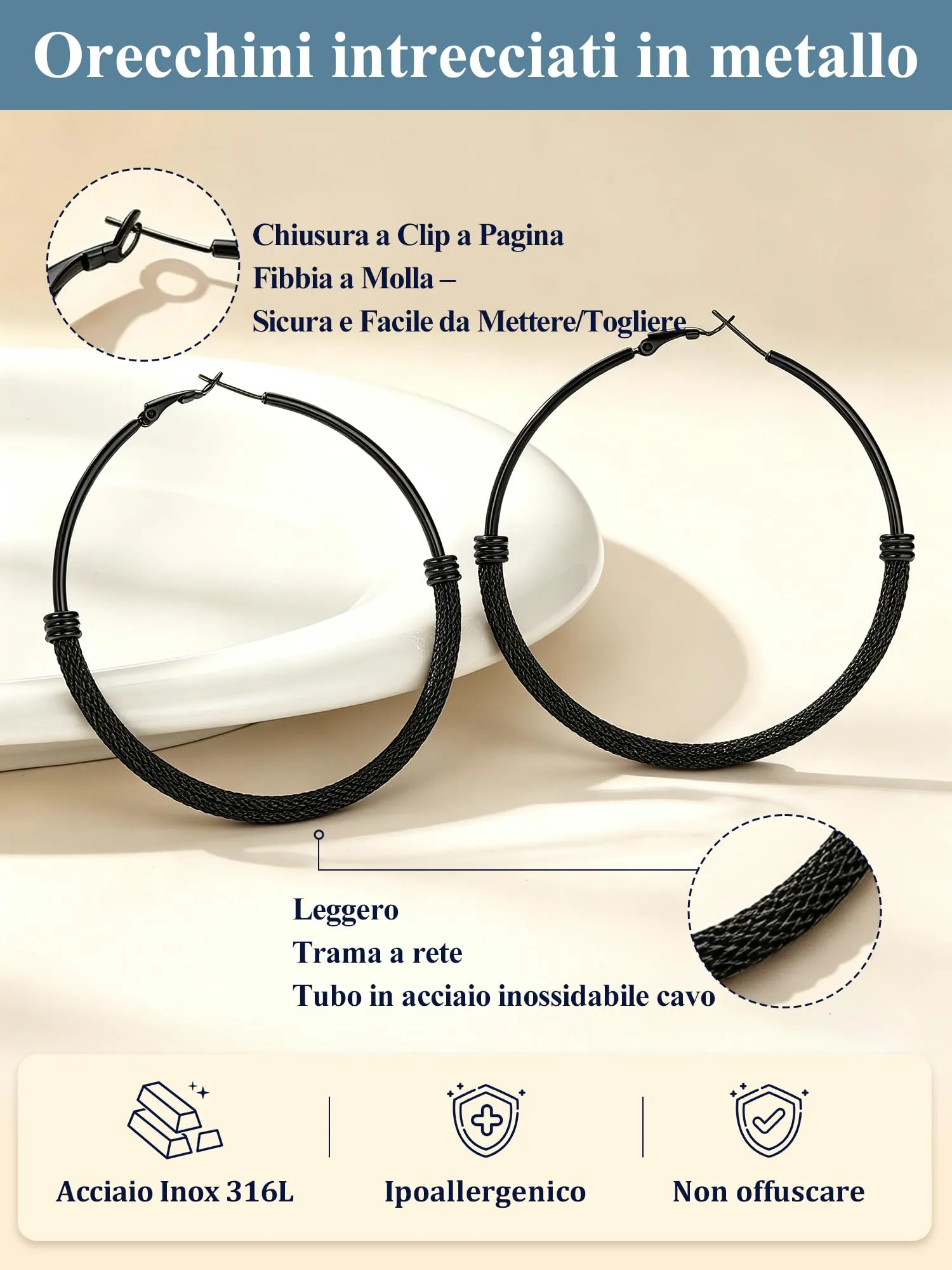 PROSTEEL Orecchini a Cerchio in Acciaio Inossidabile 70mm Nero - immagine 6