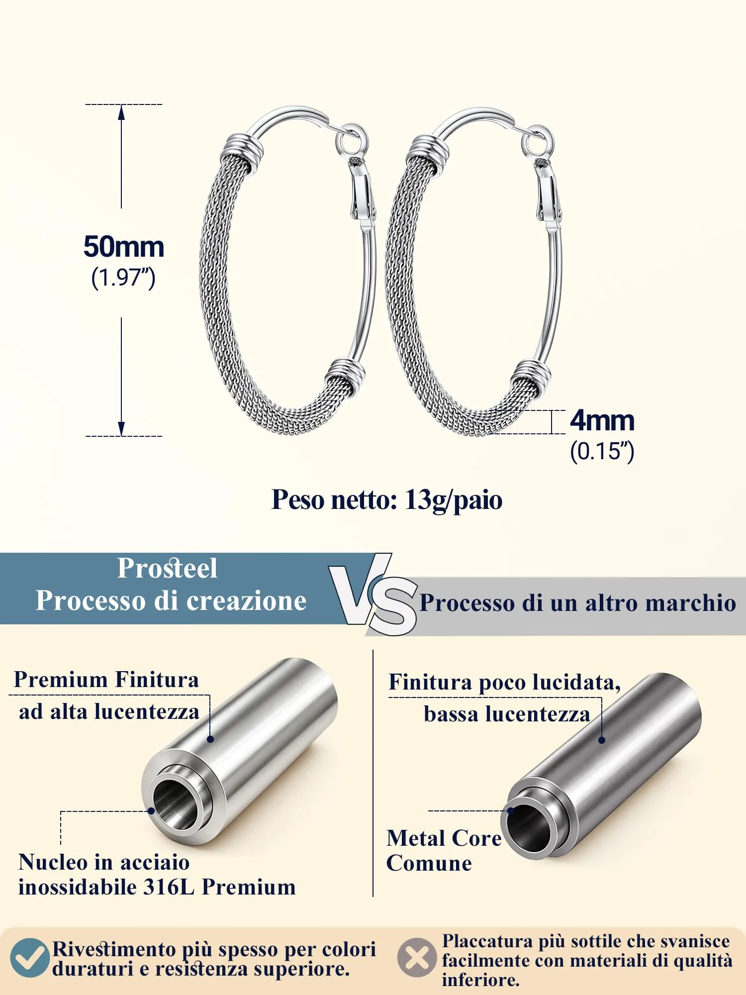 PROSTEEL Orecchini a Cerchio a Maglia Metallica in Acciaio Inossidabile, Argento, 50mm - immagine 3
