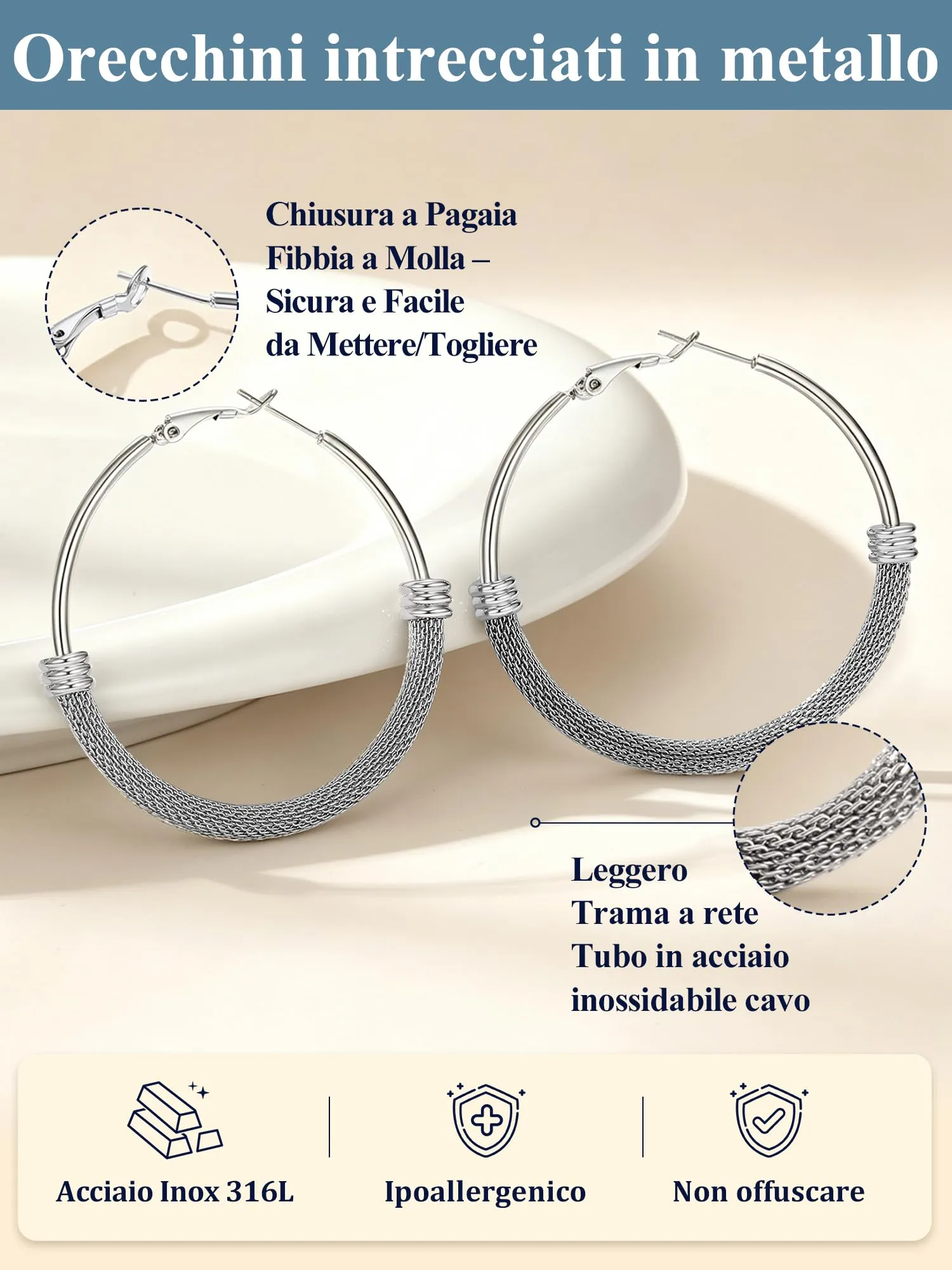 PROSTEEL Orecchini a Cerchio a Maglia Metallica in Acciaio Inossidabile, Argento, 50mm - immagine 6