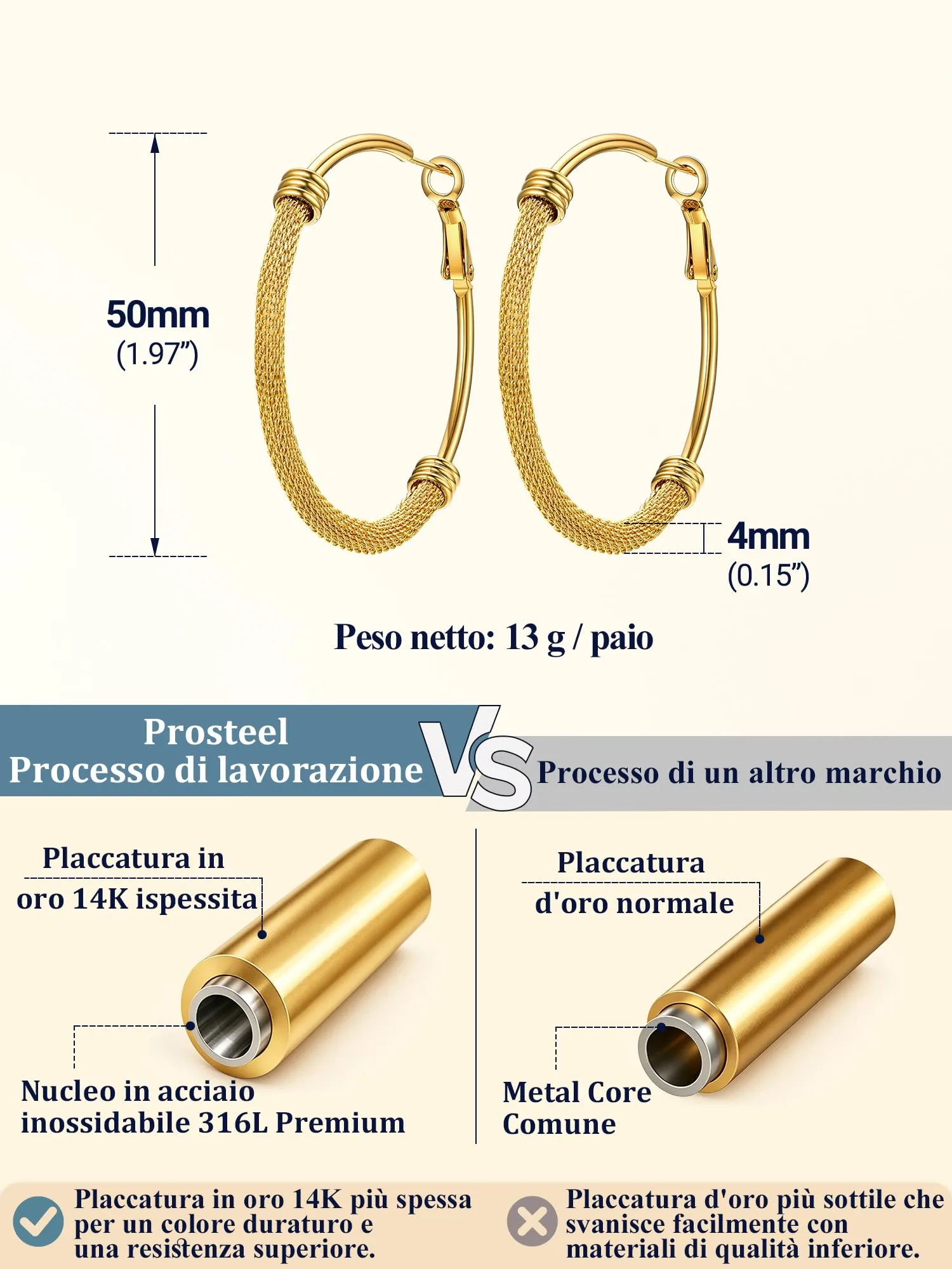 PROSTEEL Orecchini a Cerchio a Maglia Metallica in Acciaio Inossidabile Oro 50mm - immagine 5
