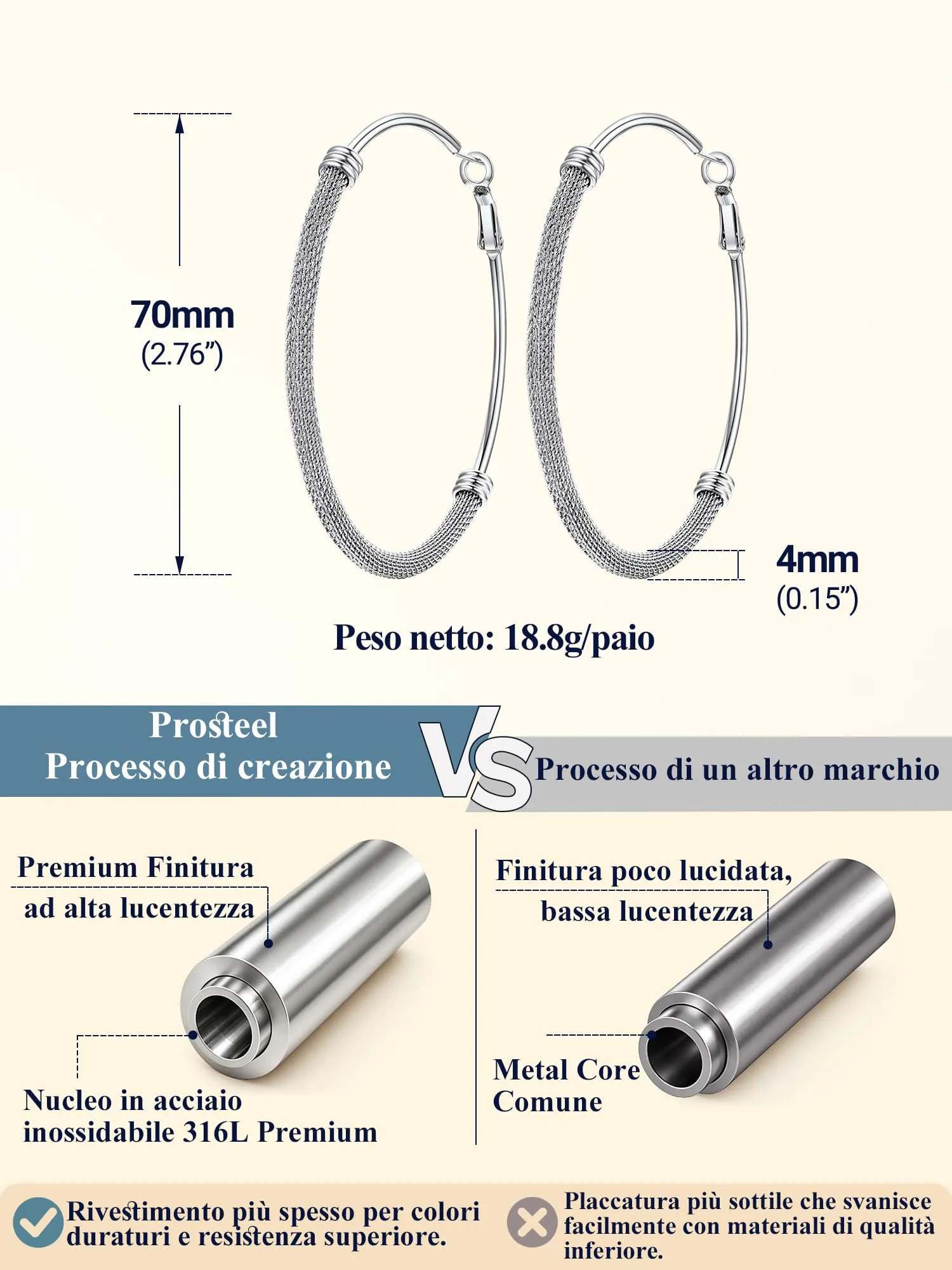 PROSTEEL Orecchini a Cerchio a Maglia Metallica in Acciaio Inossidabile, Argento, 70mm - immagine 6