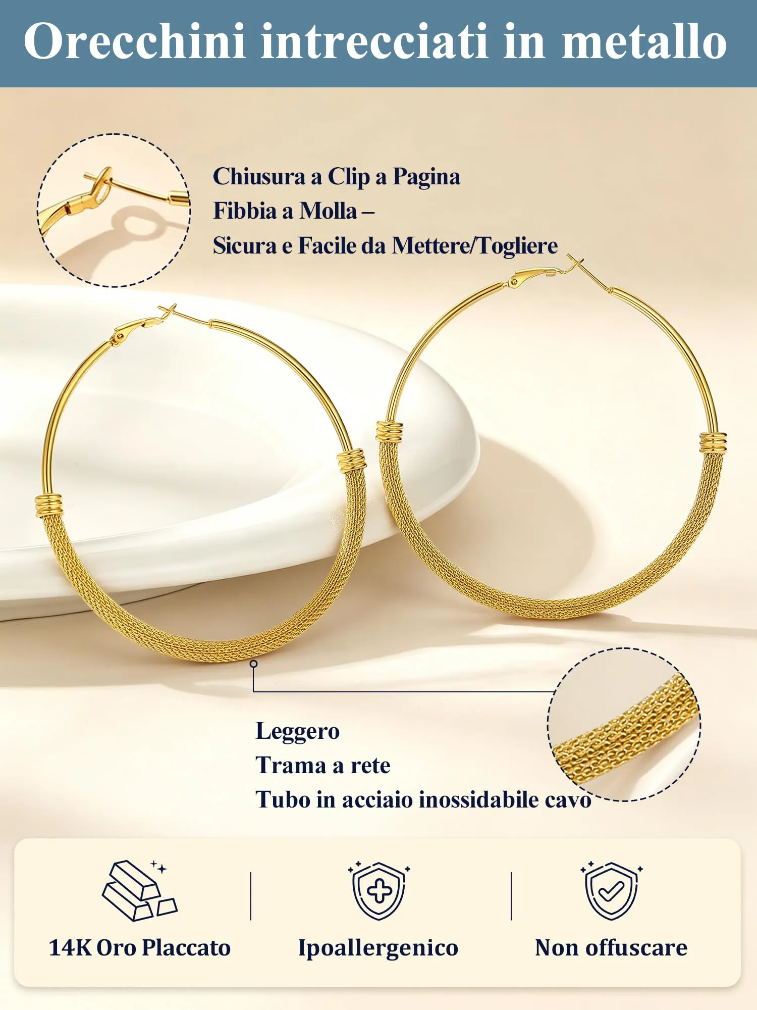 PROSTEEL Orecchini a Cerchio a Maglia Metallica in Acciaio Inossidabile Oro 70mm - immagine 5