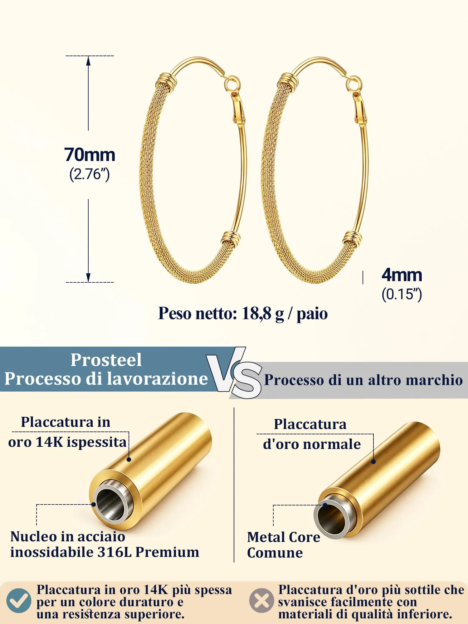 PROSTEEL Orecchini a Cerchio a Maglia Metallica in Acciaio Inossidabile Oro 70mm - immagine 6