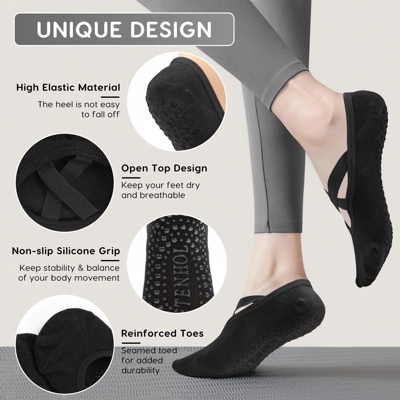 Bafiwu Calzini Antiscivolo Donna per Pilates, Yoga e Danza, 4 Paia, 35-40, Black - immagine 2