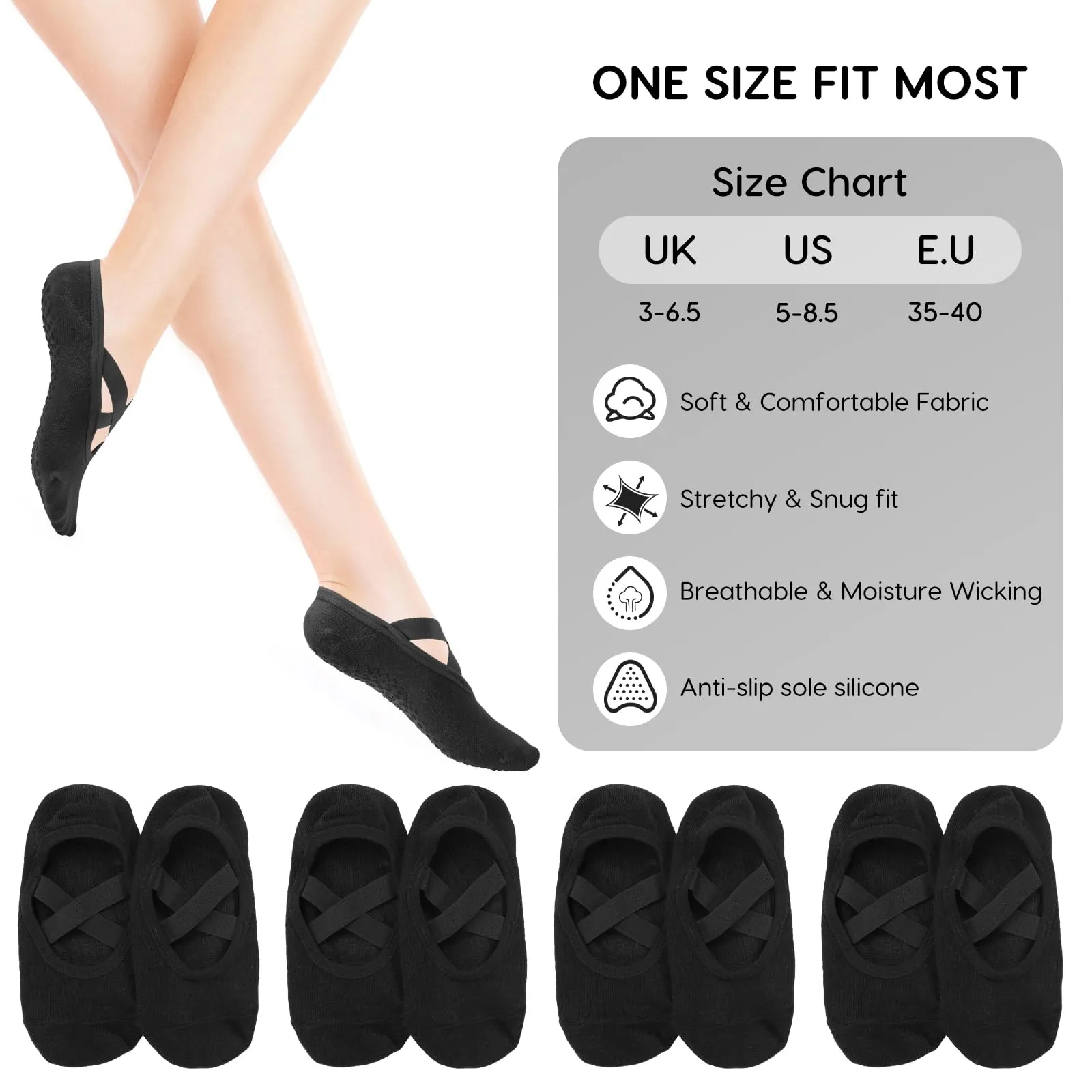 Bafiwu Calzini Antiscivolo Donna per Pilates, Yoga e Danza, 4 Paia, 35-40, Black - immagine 4