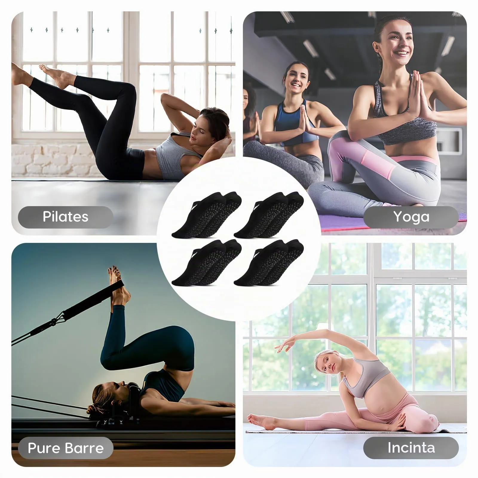 Bafiwu Calzini Antiscivolo Donna per Pilates, Yoga e Danza, 4 Paia, 35-40, Black - immagine 7