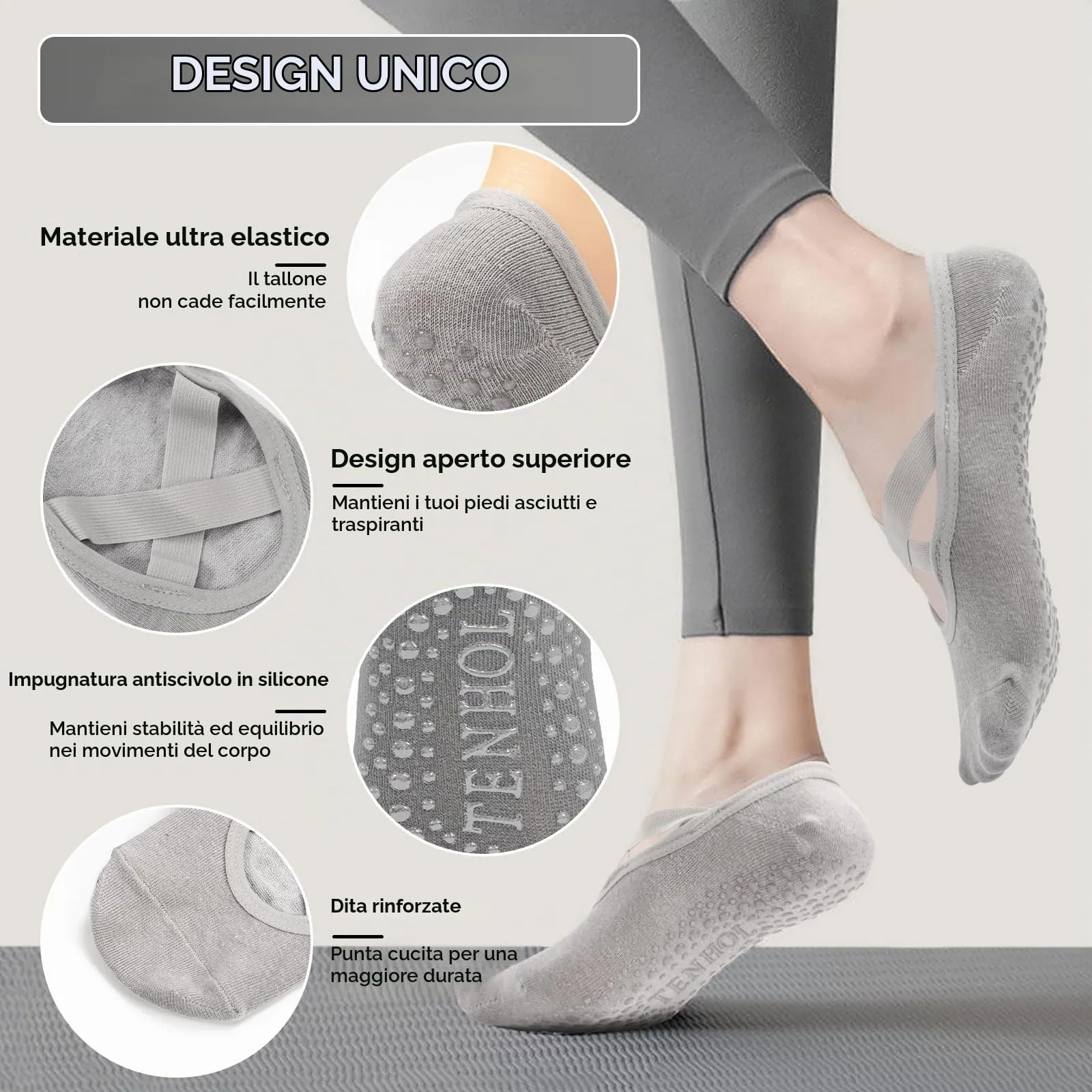 Bafiwu Calzini Antiscivolo Donna per Pilates, Yoga, Balletto e Danza, 4 Paia, 35-40, Grigio - immagine 2