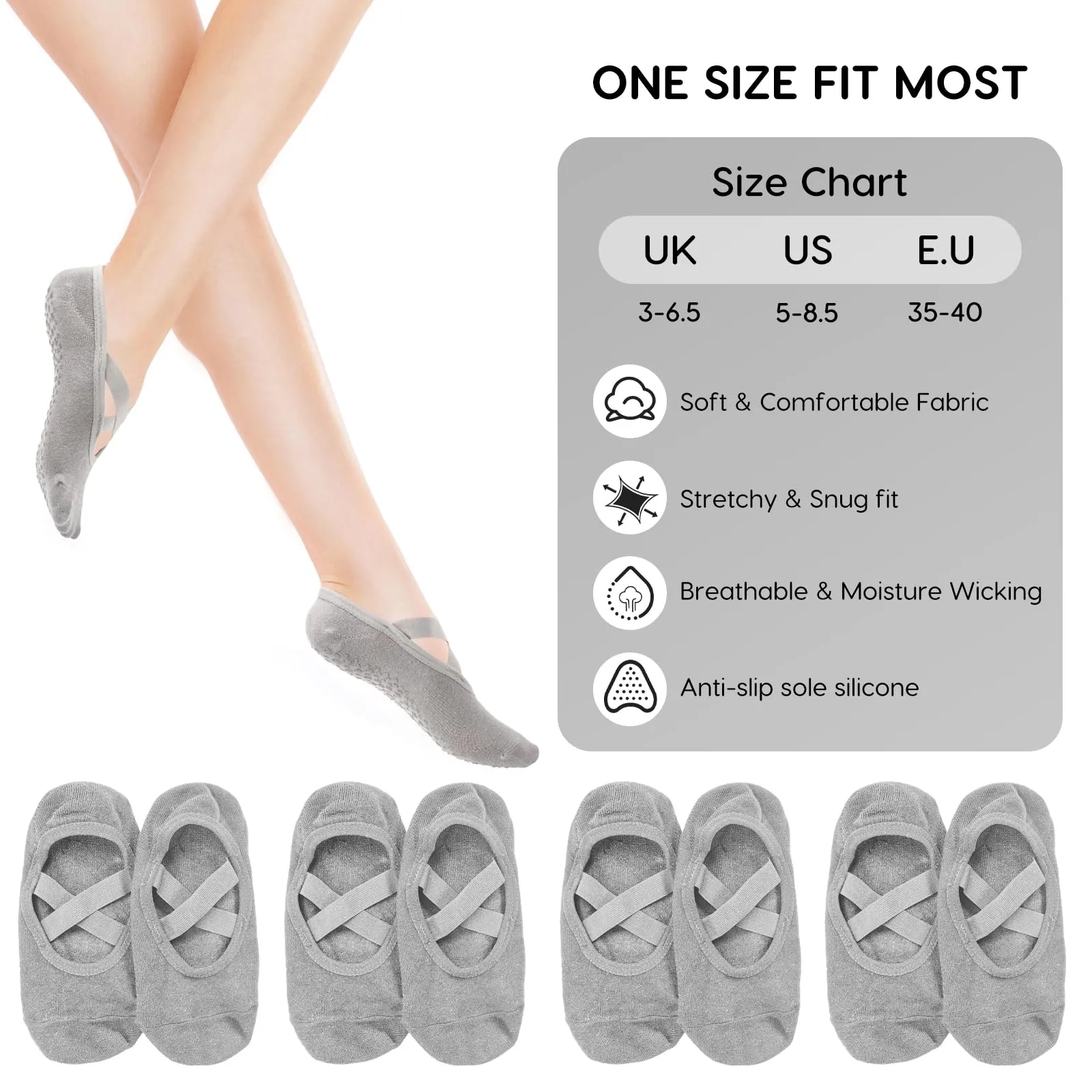 Bafiwu Calzini Antiscivolo Donna per Pilates, Yoga, Balletto e Danza, 4 Paia, 35-40, Grigio - immagine 4