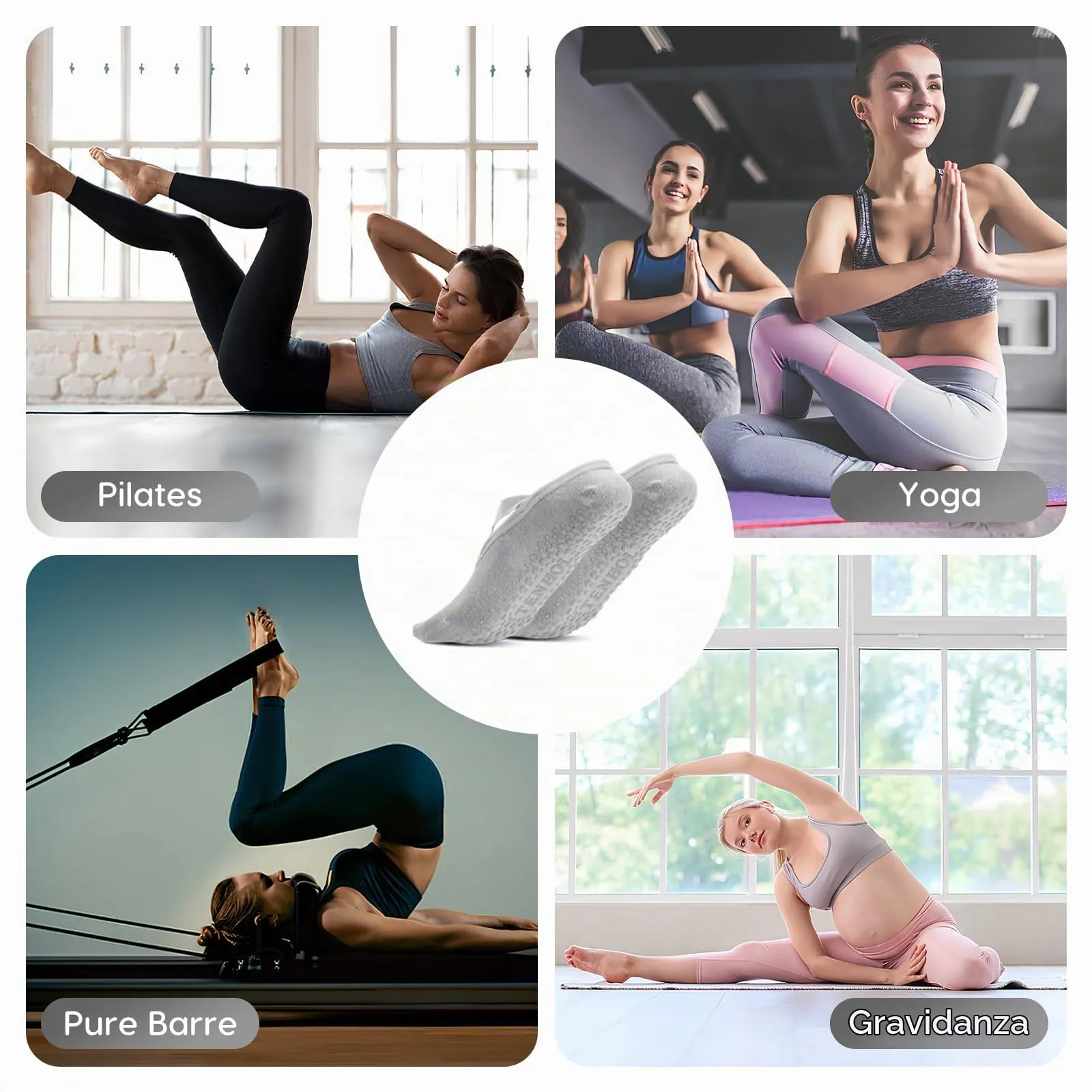 Bafiwu Calzini Antiscivolo Donna per Pilates, Yoga, Balletto e Danza, 4 Paia, 35-40, Grigio - immagine 7