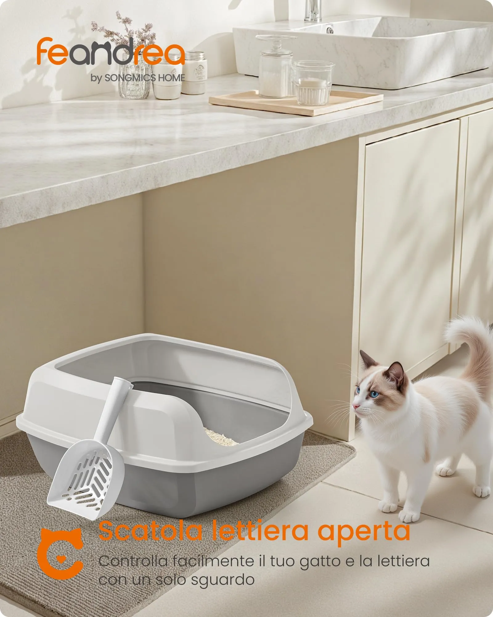 Feandrea Vassoio Lettiera per Gatti XXL Aperto con Paletta, Bianco Nuvola PPT010W101 - immagine 3
