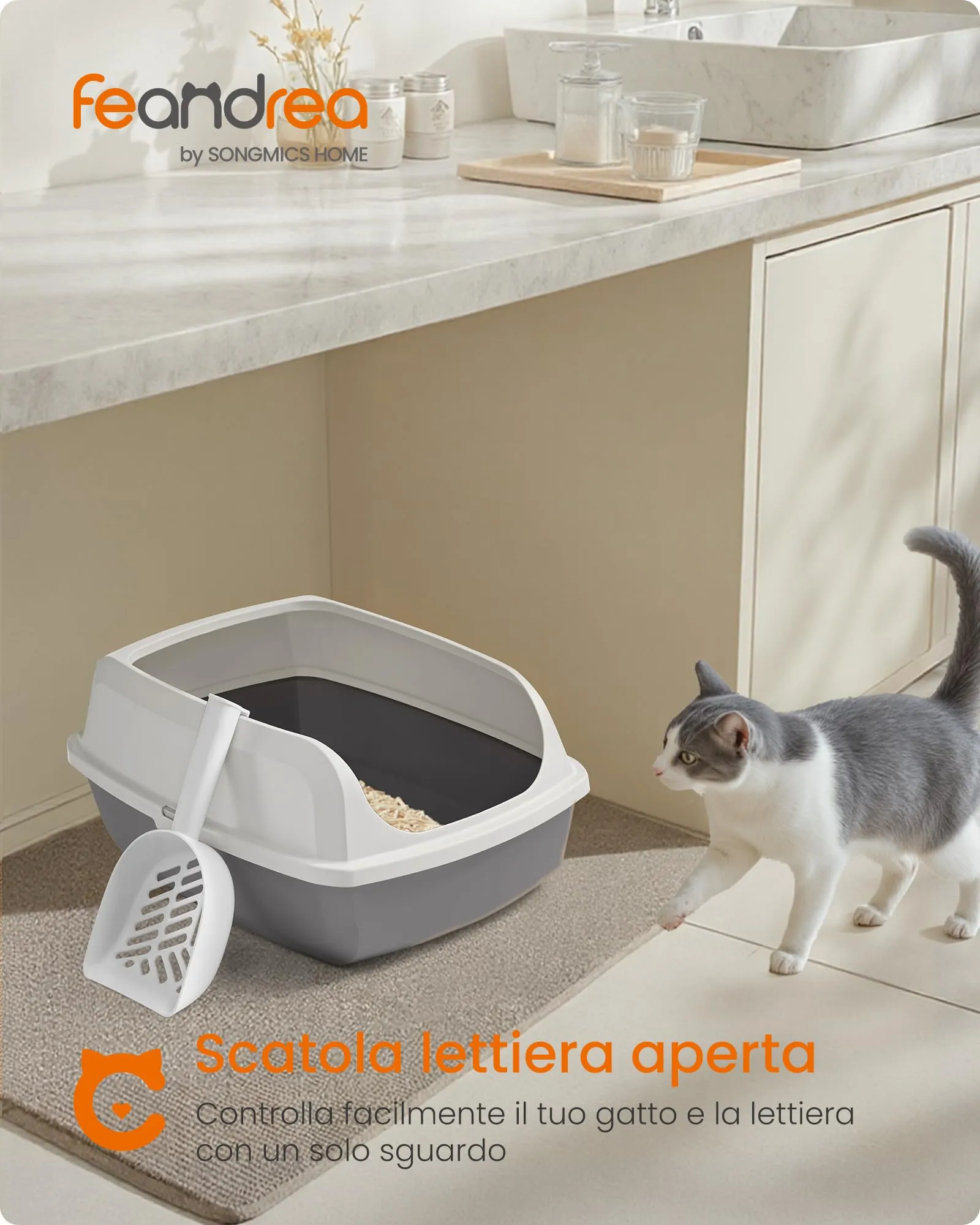 Feandrea Vassoio Lettiera per Gatti con Bordi Alti, XL, Bianco Nuvola PPT009W101 - immagine 3