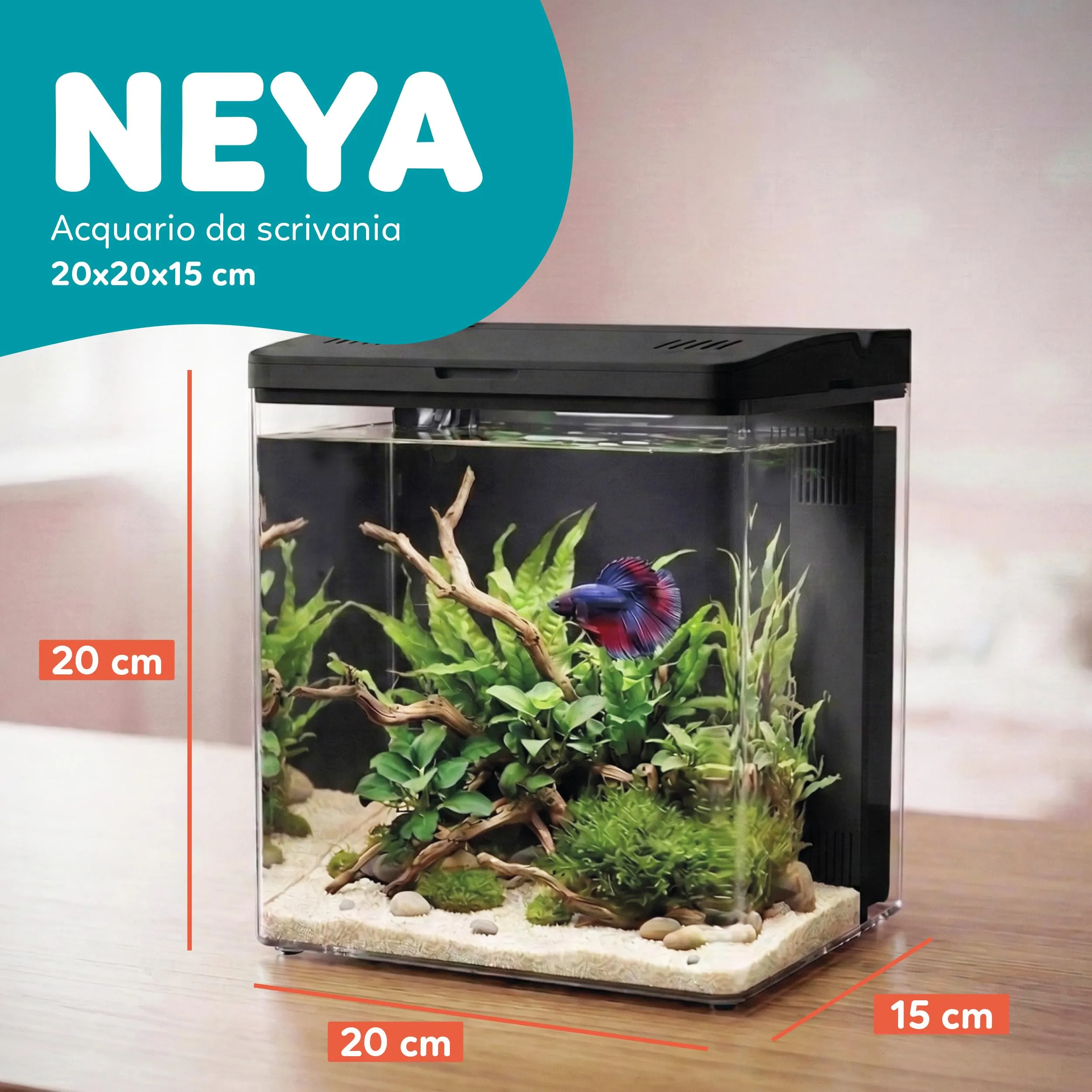 AQPET NEYA Mini Acquario in Acrilico 5L con Filtro, Pompa, LED 5 Modalità e Porte USB (Nero) - immagine 2