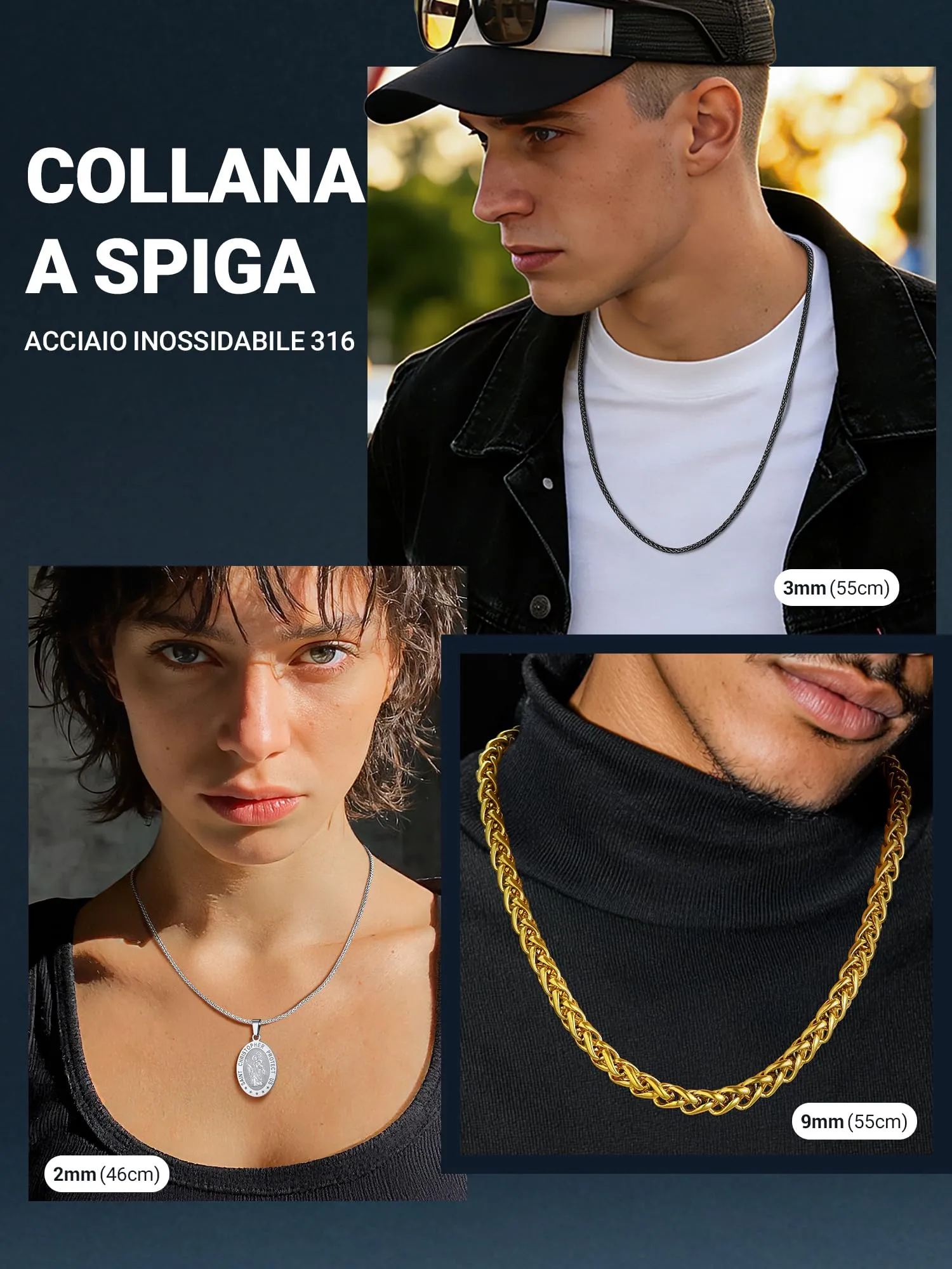 PROSTEEL Collana a Maglia Spiga in Acciaio Inox 316L, 9mm x 71cm - immagine 8
