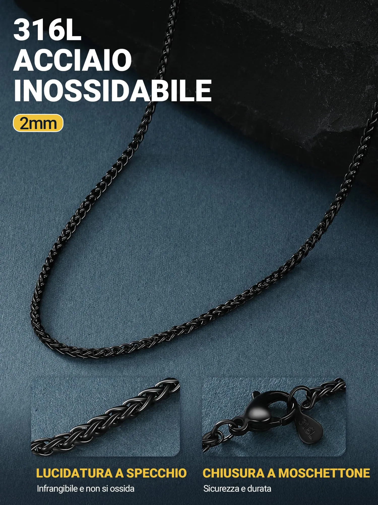 PROSTEEL Collana a Maglia Spiga in Acciaio Inox 316L, 2mm x 46cm - immagine 3
