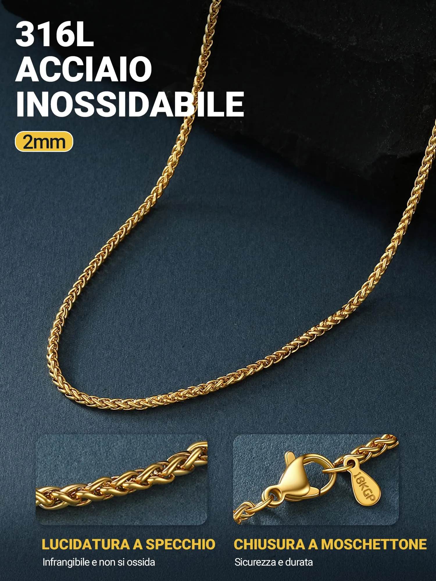 PROSTEEL Collana a Maglia Spiga in Acciaio Inox 316L, 2mm x 76cm - immagine 6