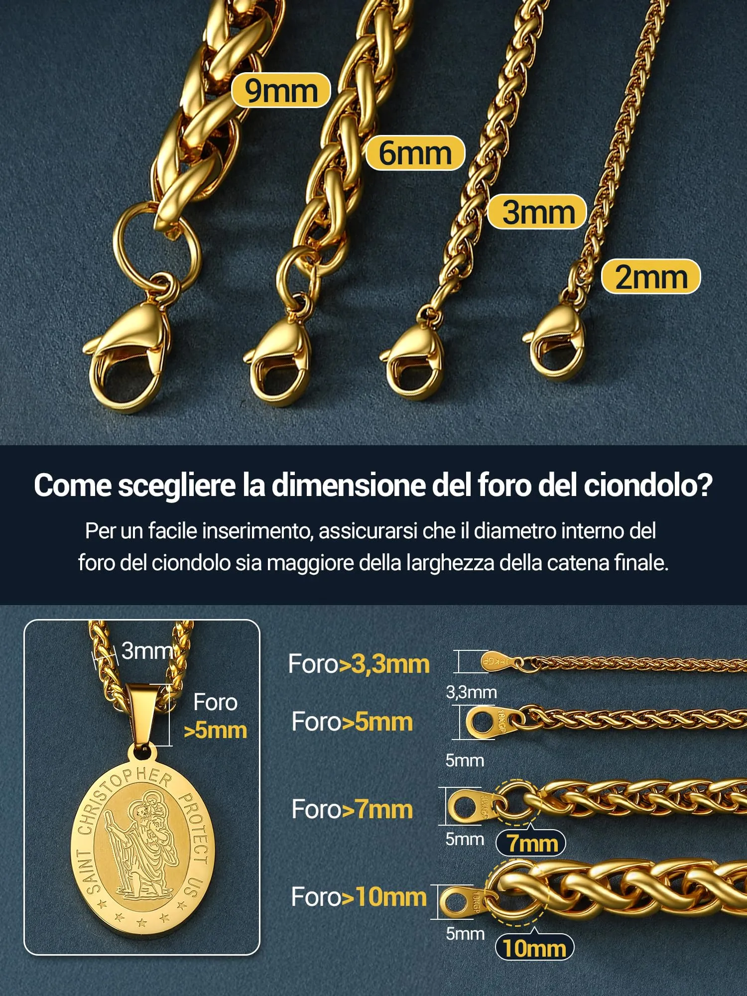 PROSTEEL Collana a Maglia Spiga in Acciaio Inox 316L, 2mm x 46cm - immagine 3