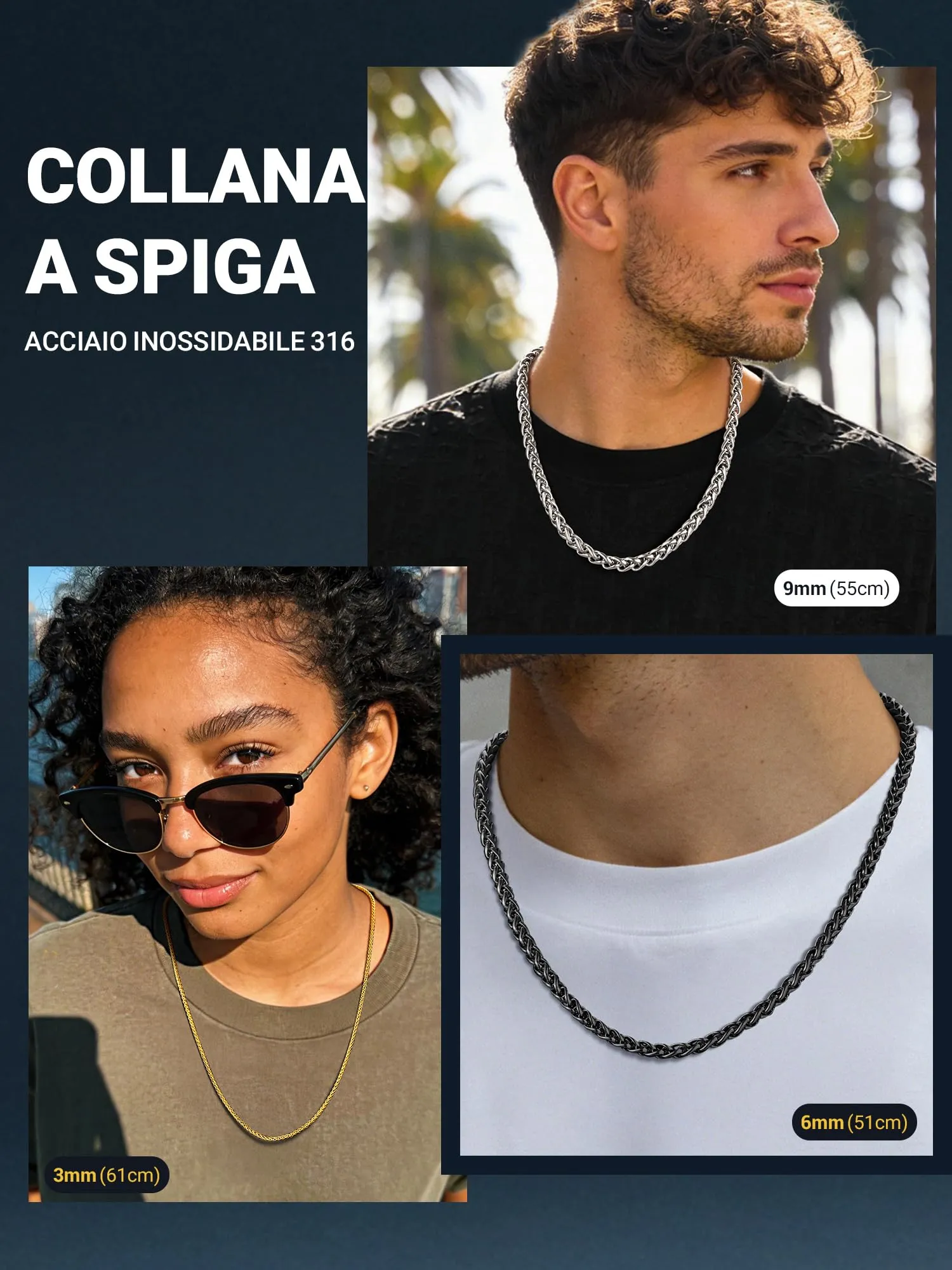PROSTEEL Collana a Maglia Spiga in Acciaio Inox 316L, 2mm x 46cm - immagine 7