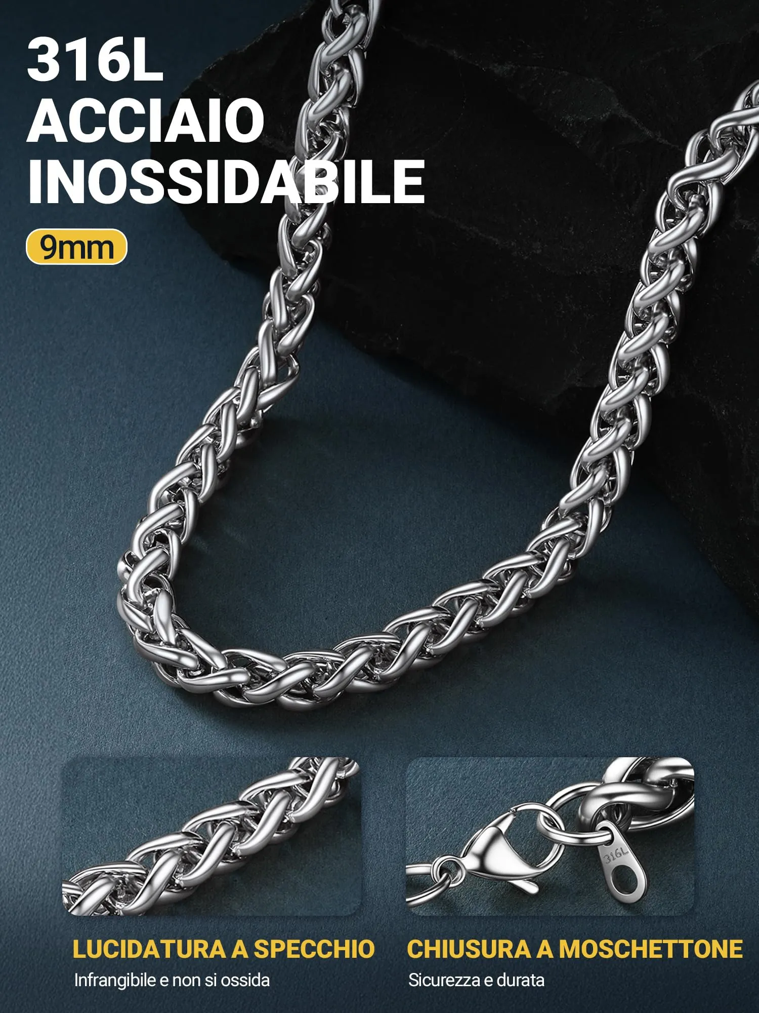 PROSTEEL Collana a Maglia Spiga in Acciaio Inox 316L, 9mm x 66cm - immagine 4