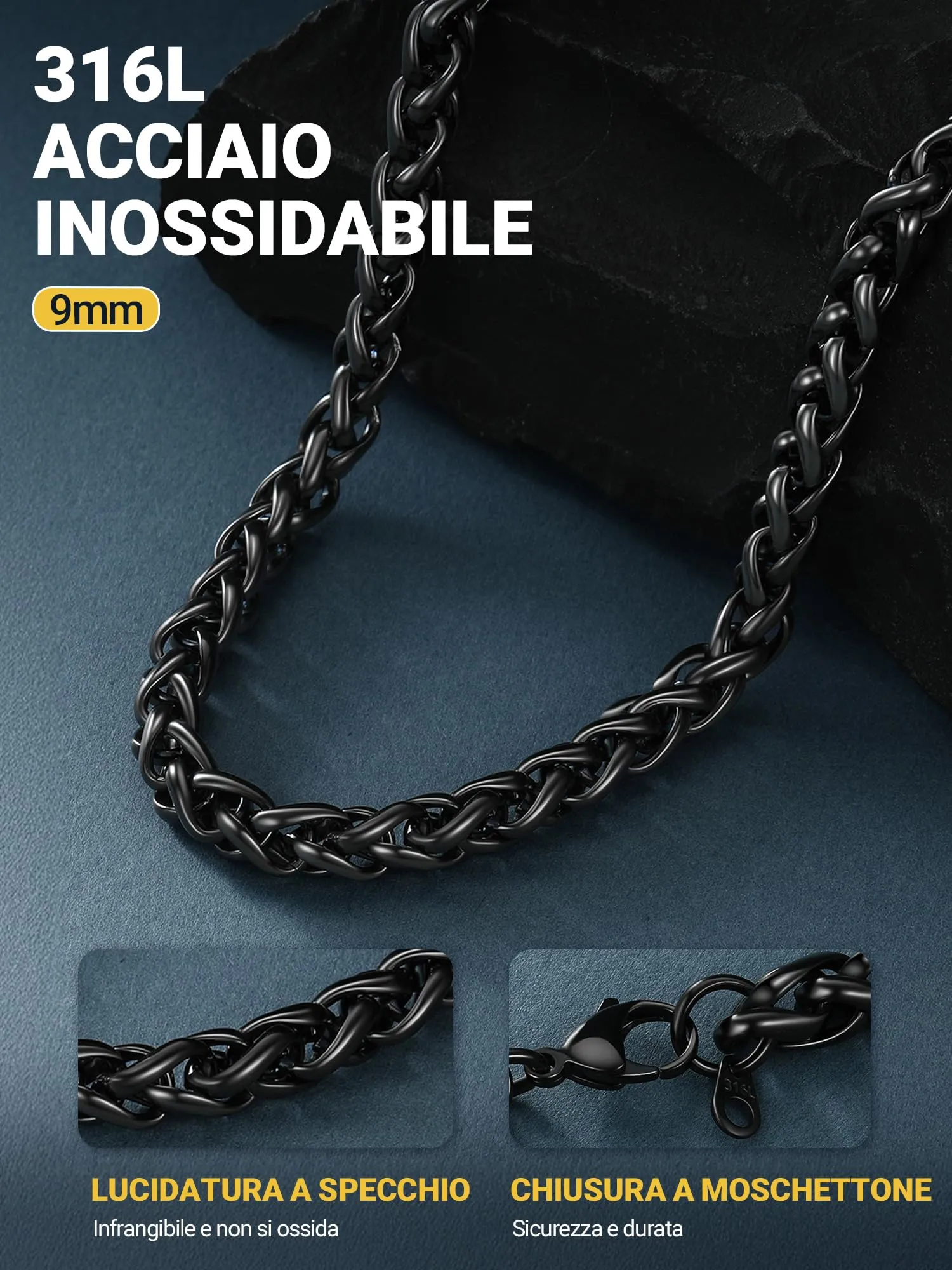 PROSTEEL Collana a Maglia Spiga in Acciaio Inox Chirurgico 316L, 9mm x 61cm - immagine 3