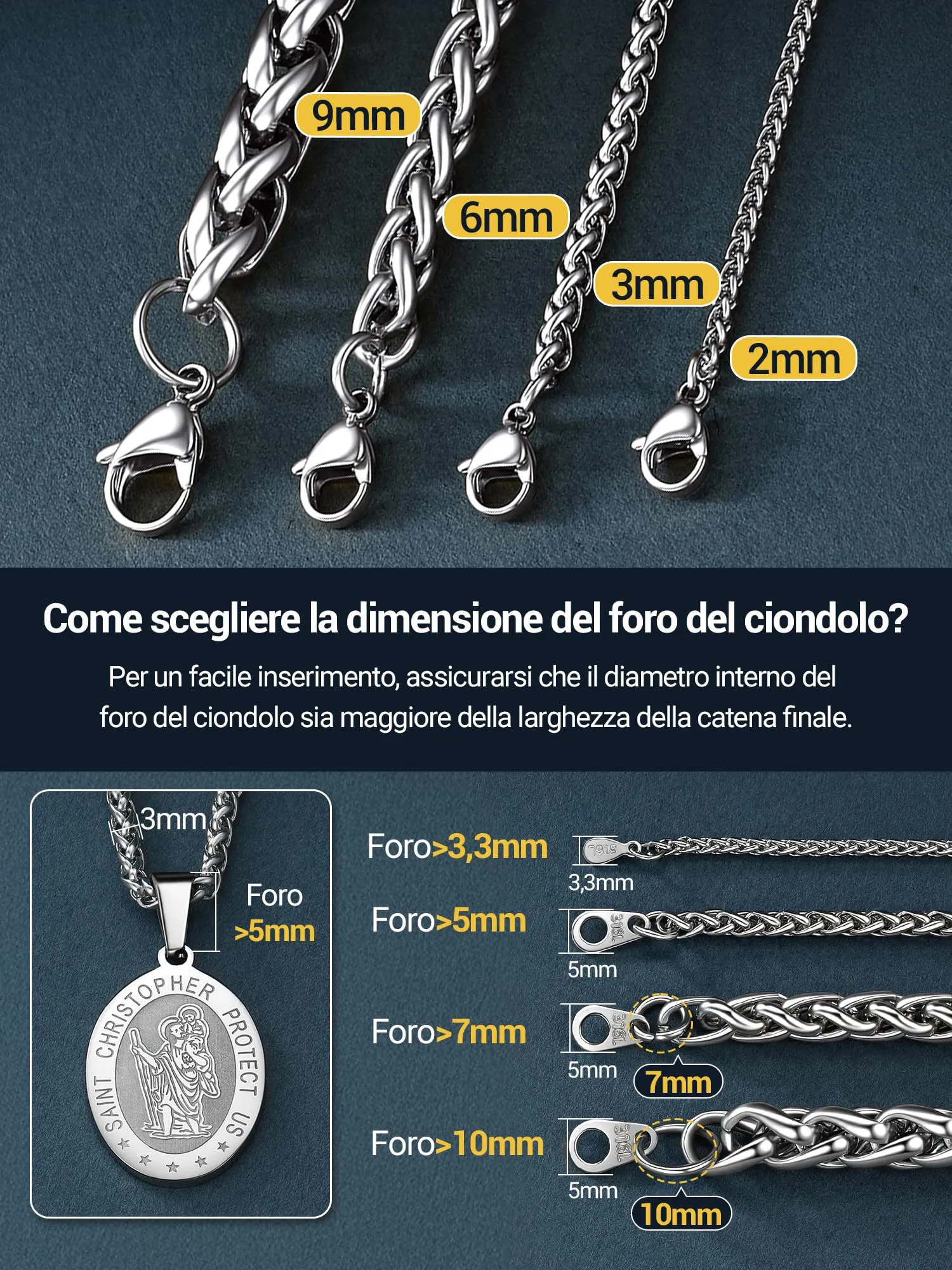 PROSTEEL Collana a Maglia Spiga in Acciaio Inox Chirurgico 316L, 9mm x 51cm - immagine 3