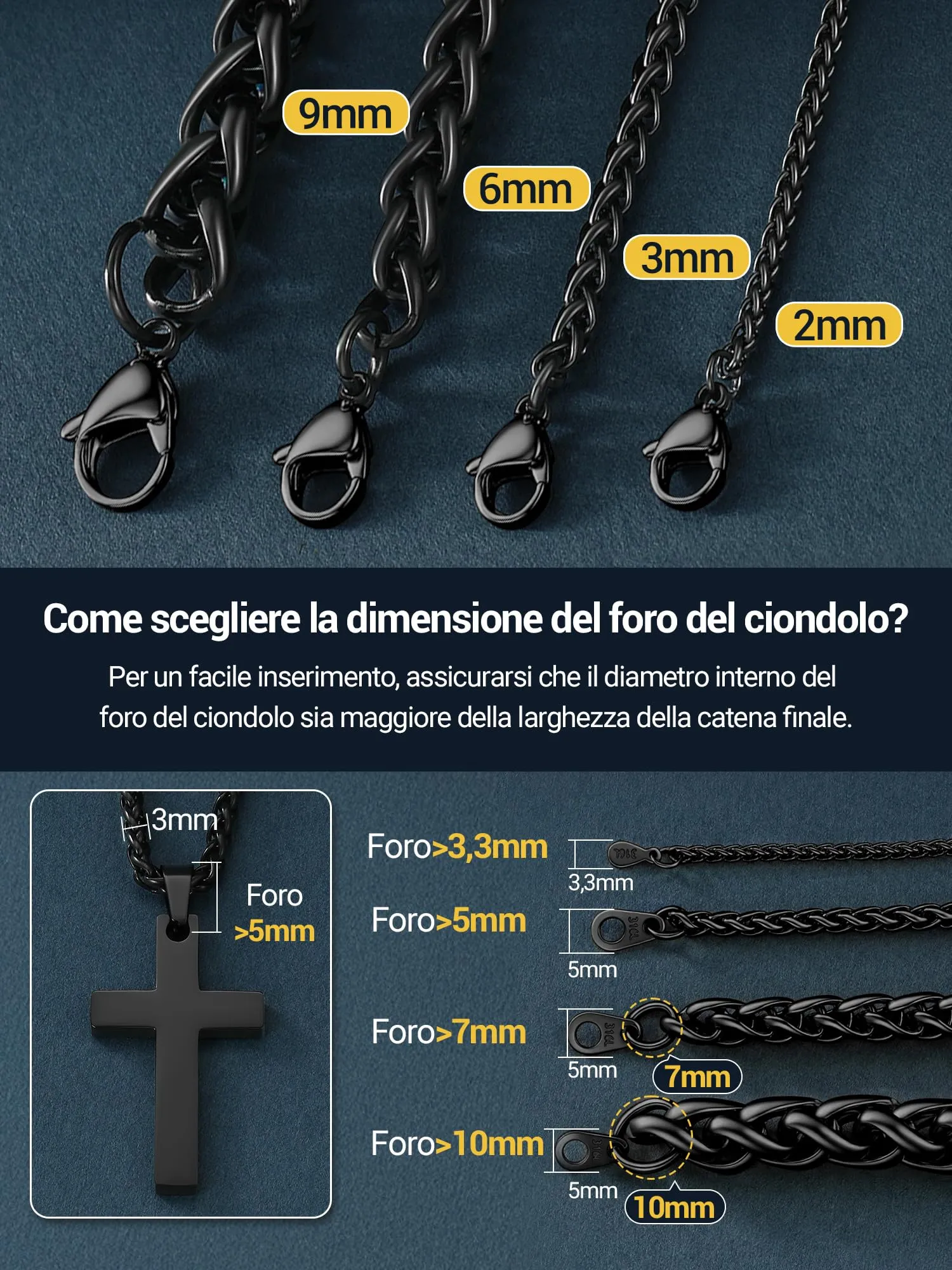 PROSTEEL Collana a Maglia Spiga in Acciaio Inox 316L, 9mm x 66cm - immagine 5