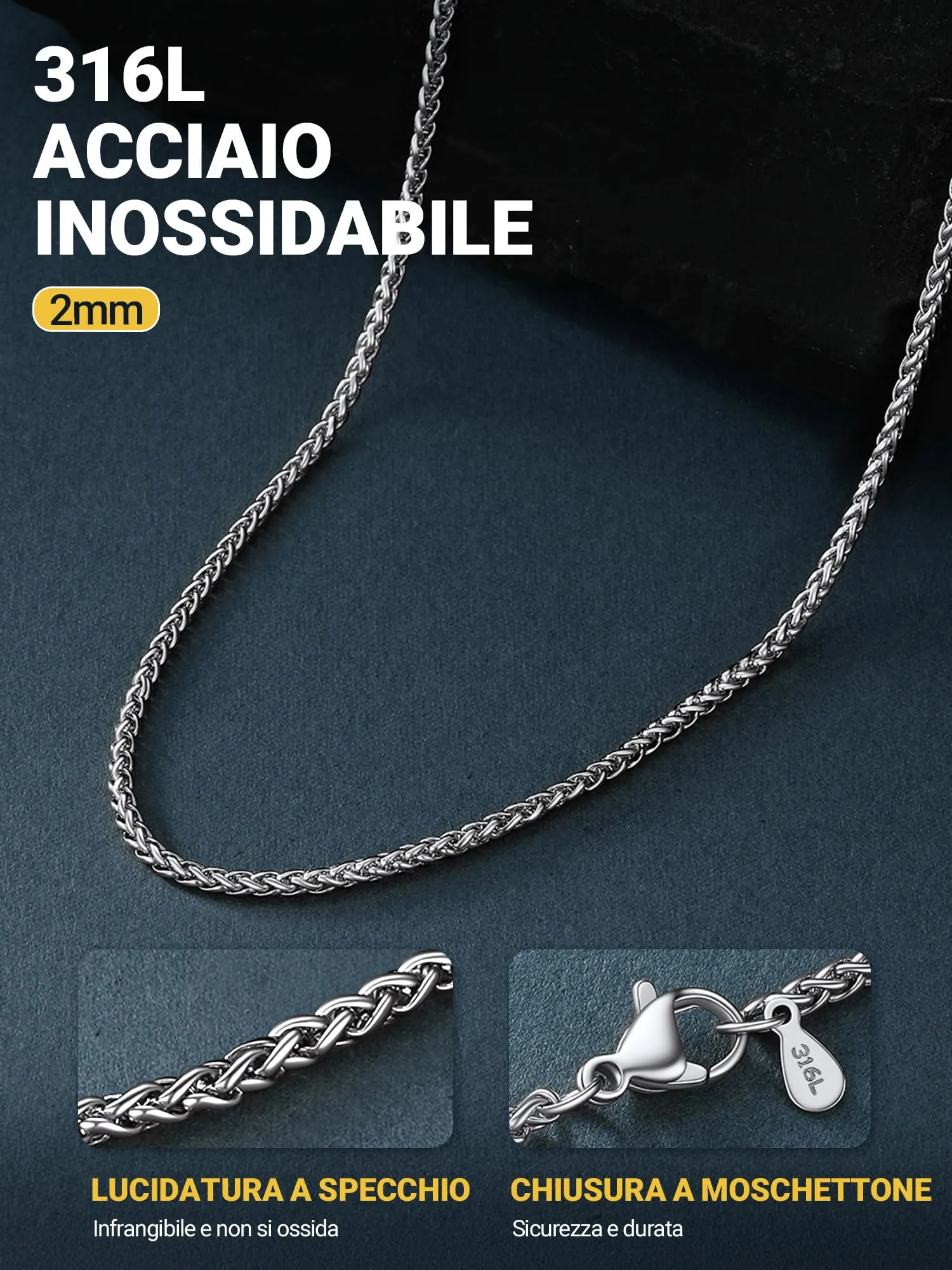 PROSTEEL Collana a Maglia Spiga in Acciaio Inox 316L, 2mm x 51cm - immagine 7