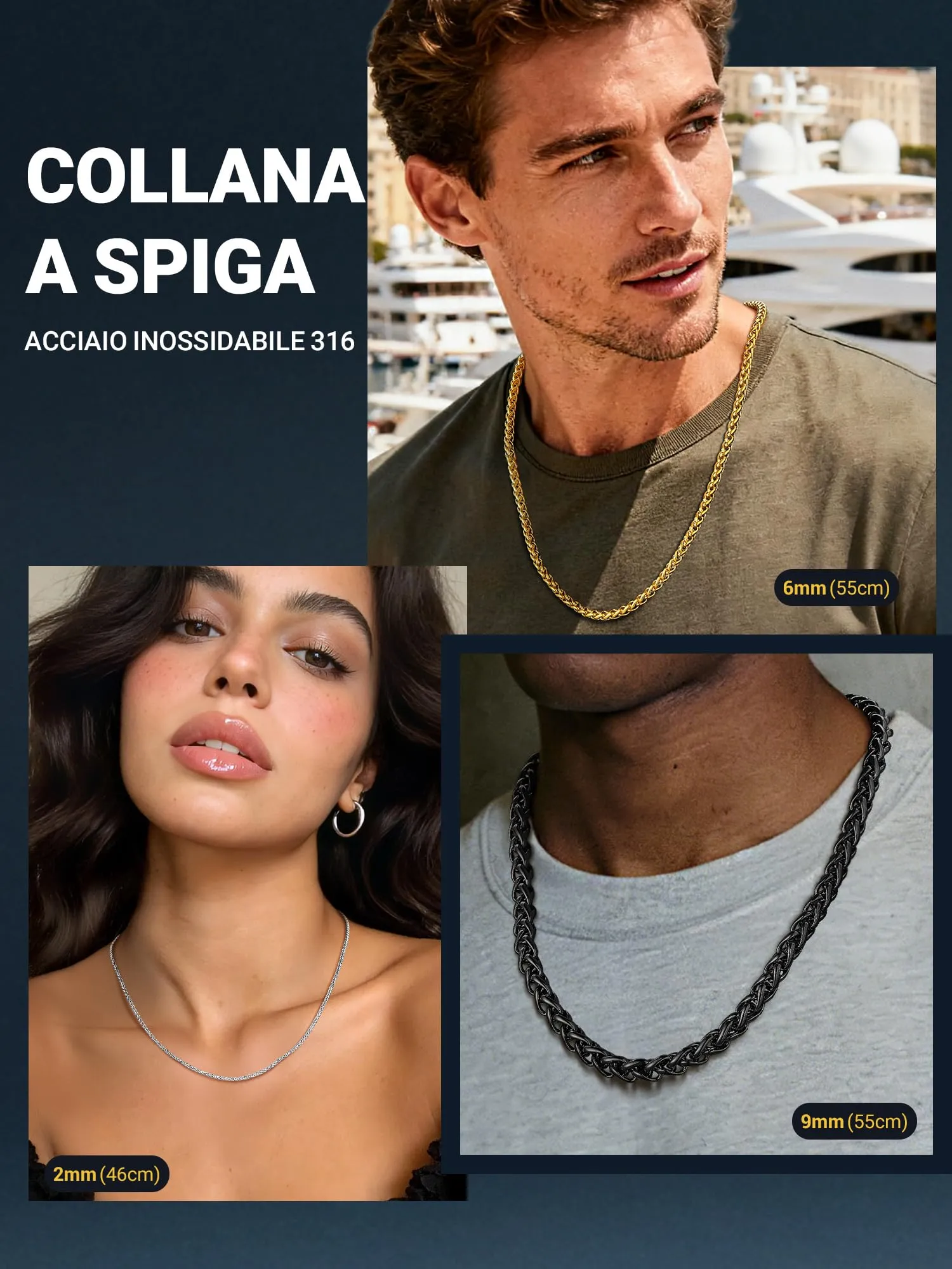 PROSTEEL Collana a Maglia Spiga in Acciaio Inox 316L, 9mm x 61cm - immagine 7