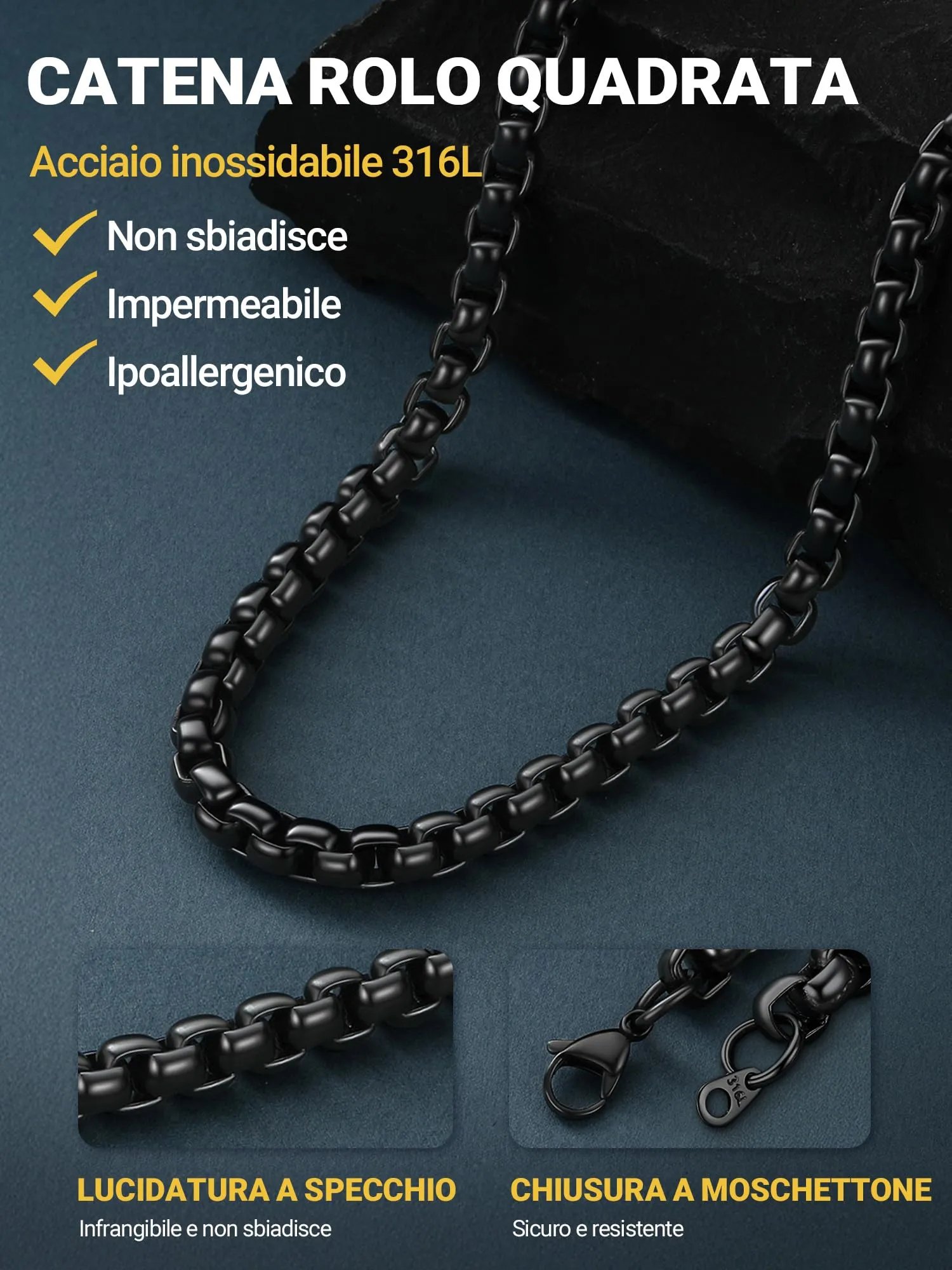 PROSTEEL Collana a Maglia Veneziana in Acciaio Inox Chirurgico, 8mm, 66cm, Nero - immagine 6