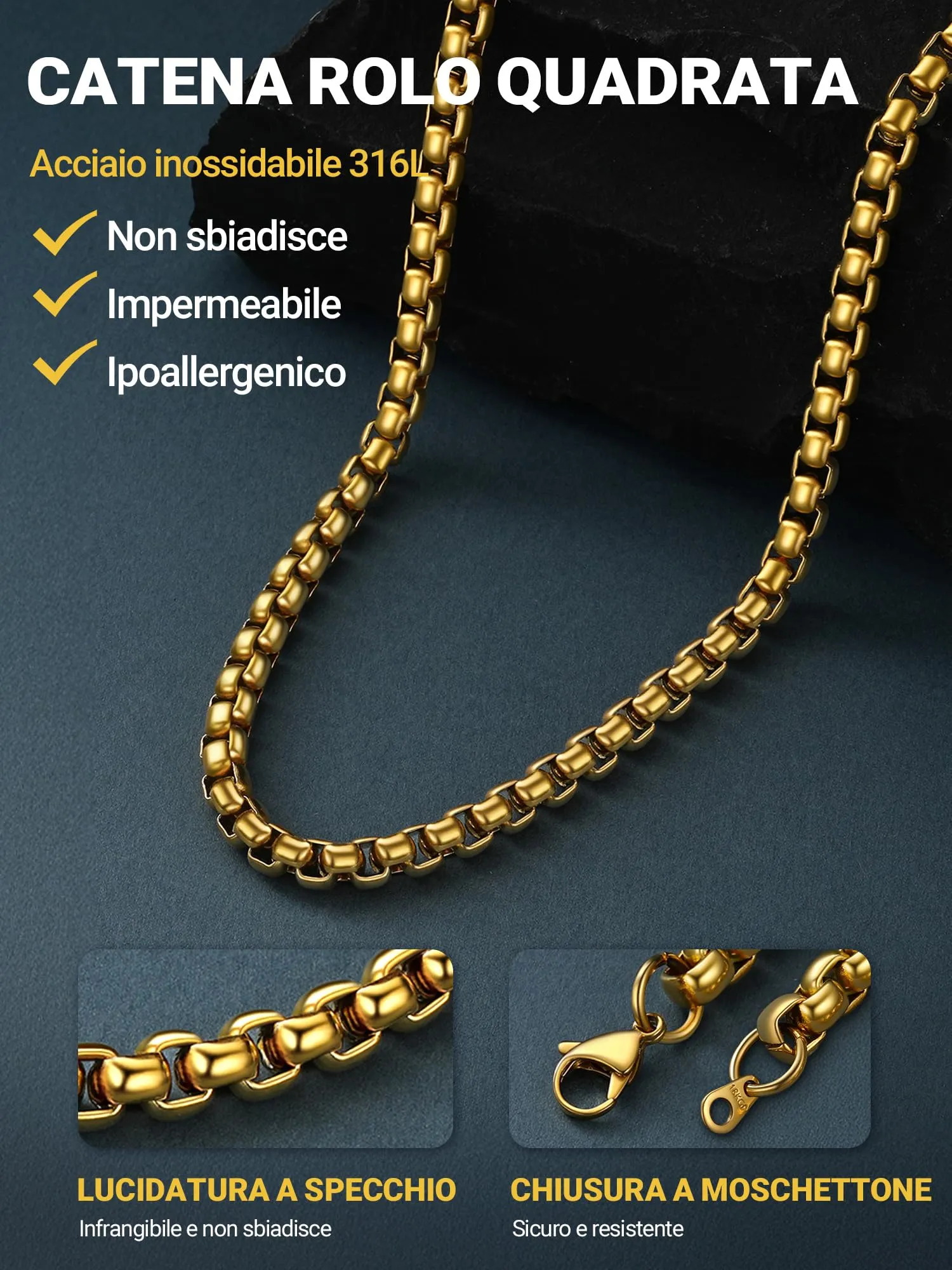 PROSTEEL Collana a Maglia Veneziana in Acciaio Inox Chirurgico, 6mm, 66cm - immagine 6