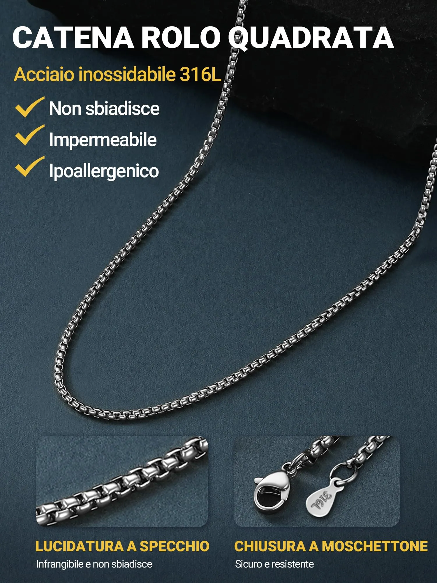 PROSTEEL Catena a Maglia Veneziana in Acciaio Inox Chirurgico, 2mm, 46cm - immagine 5