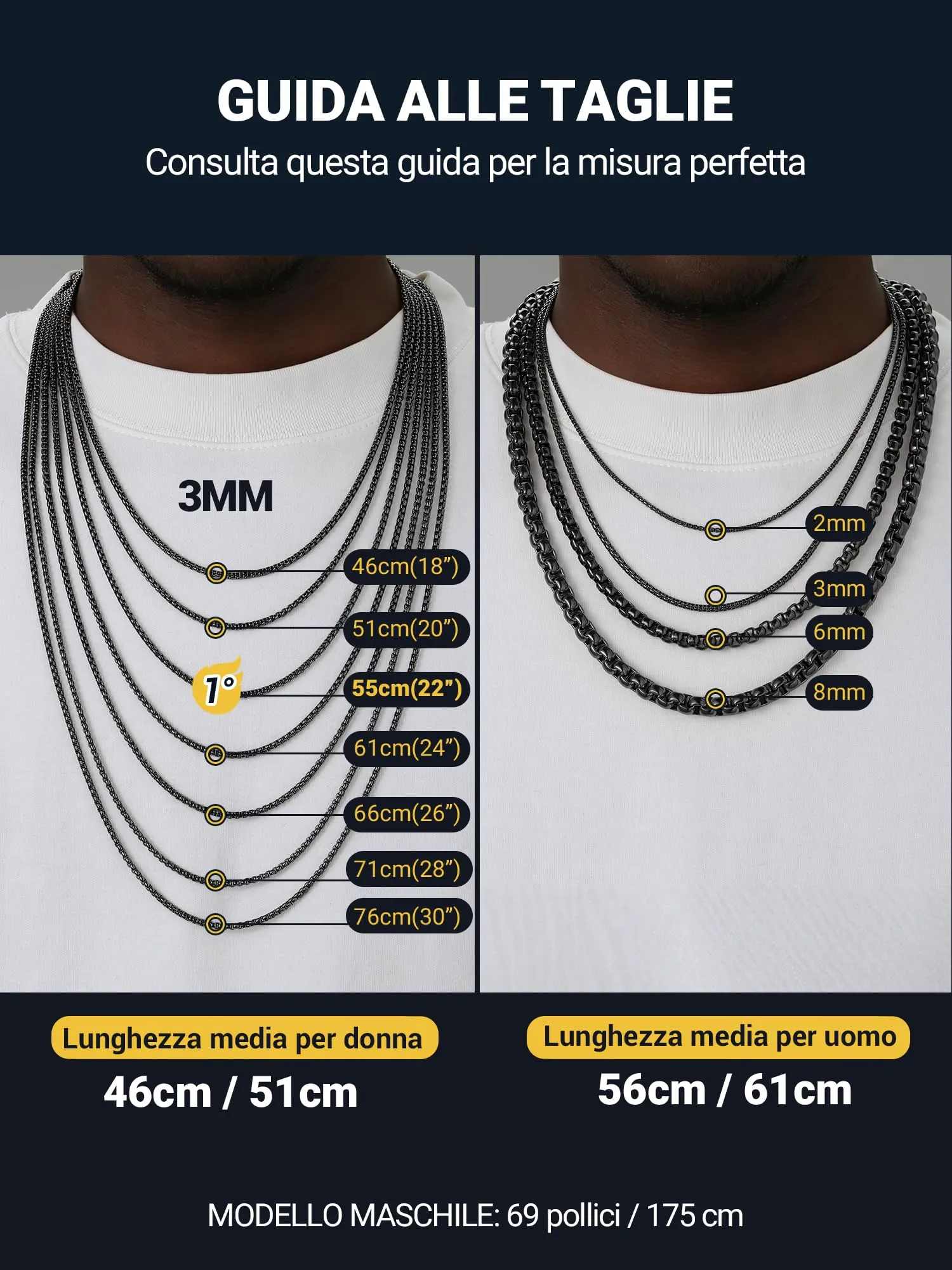 PROSTEEL Catena a Maglia Veneziana in Acciaio Inox Chirurgico, 6mm, 61cm, Nero - immagine 3