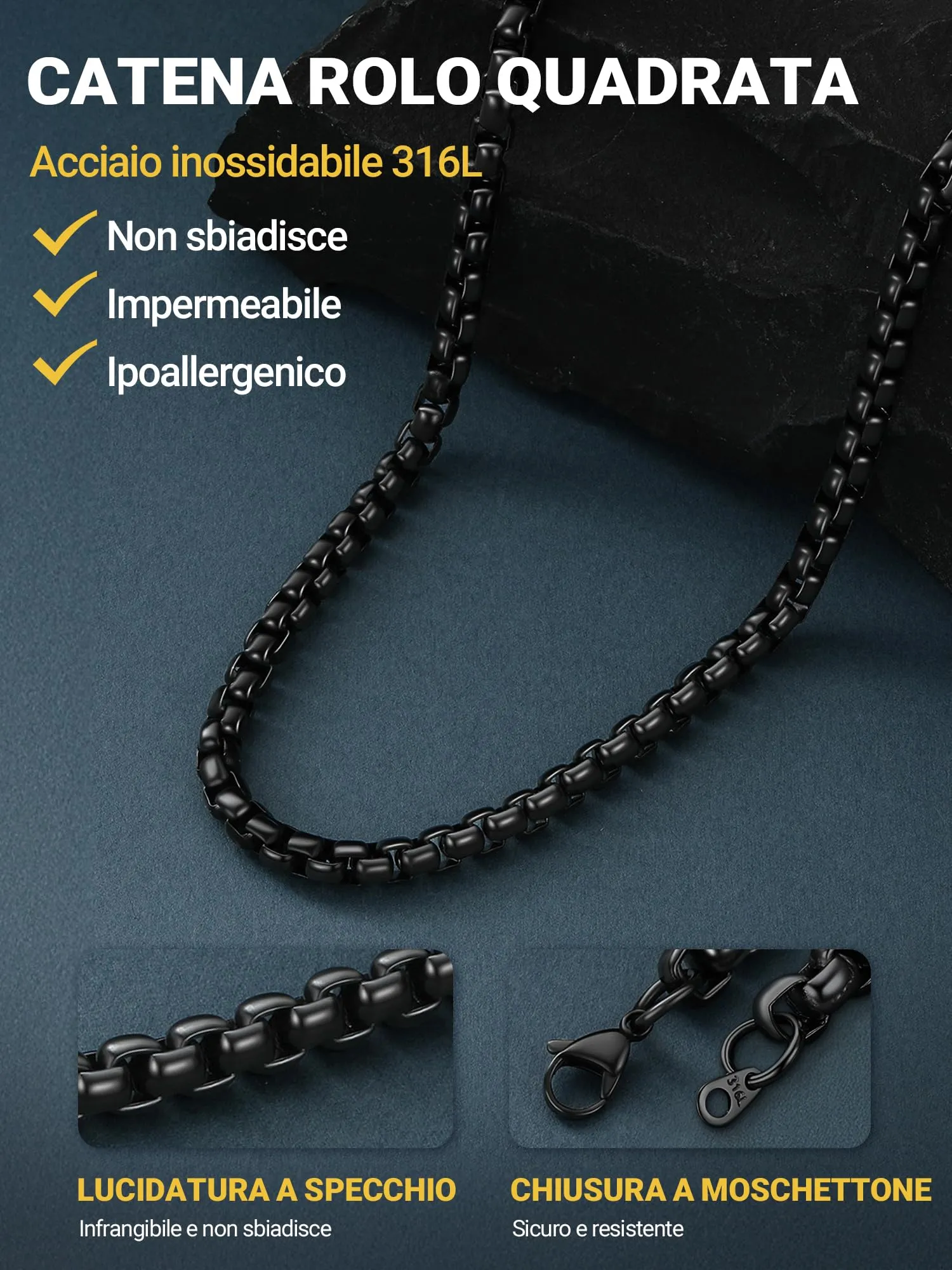 PROSTEEL Catena a Maglia Veneziana in Acciaio Inox Chirurgico, 6mm, 61cm, Nero - immagine 5