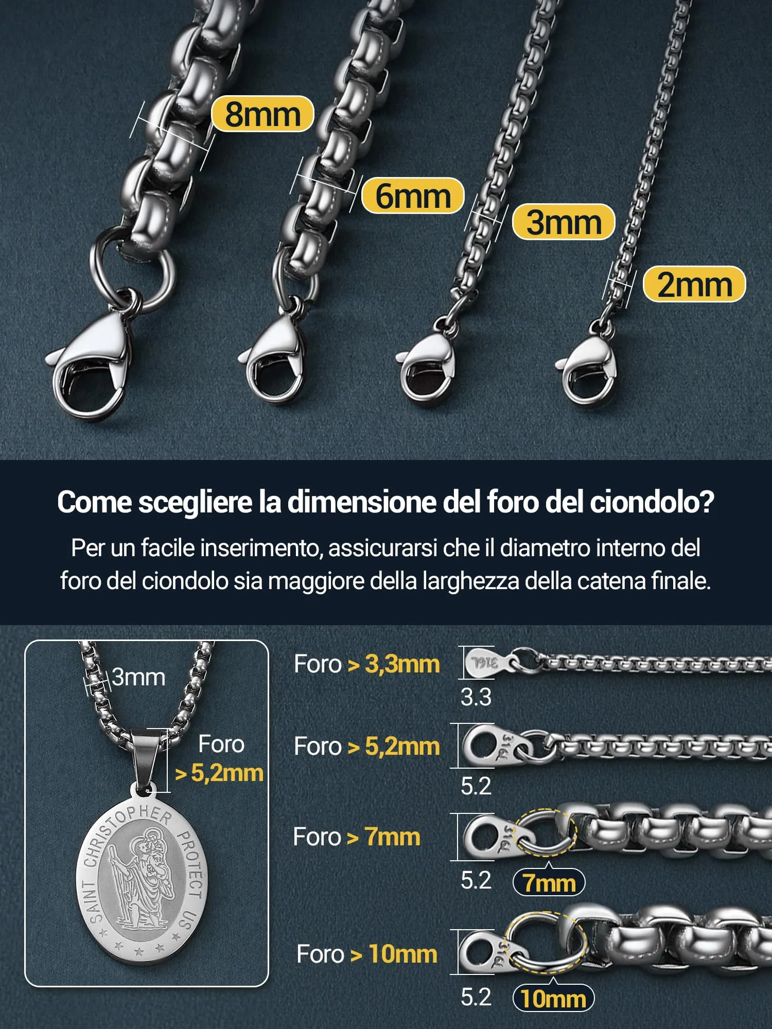 PROSTEEL Collana a Maglia Veneziana in Acciaio Inox Chirurgico, 8mm, 76cm - immagine 6