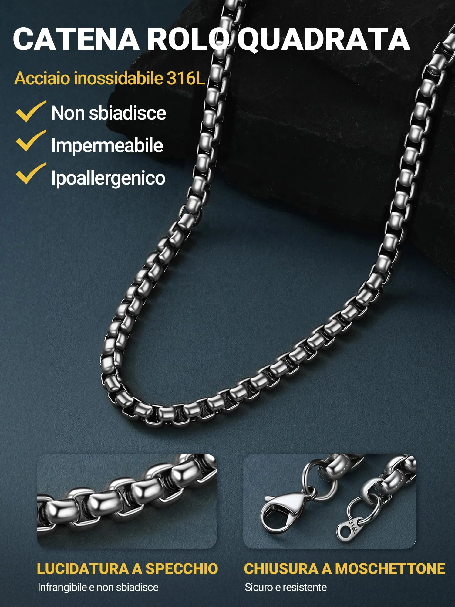 PROSTEEL Collana a Maglia Veneziana in Acciaio Inox Chirurgico, 6mm, 66cm - immagine 6
