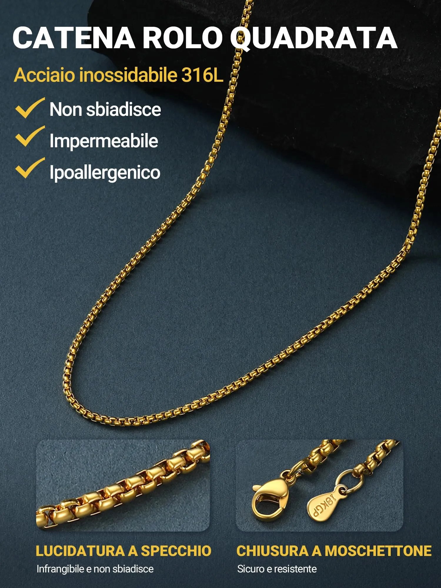 PROSTEEL Collana a Maglia Veneziana in Acciaio Inox Chirurgico, 2mm, 46cm - immagine 6