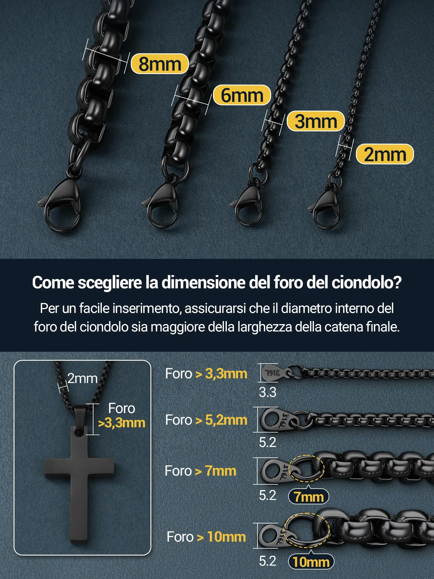 PROSTEEL Collana a Maglia Veneziana in Acciaio Inox Chirurgico, 6mm, 76cm - immagine 6
