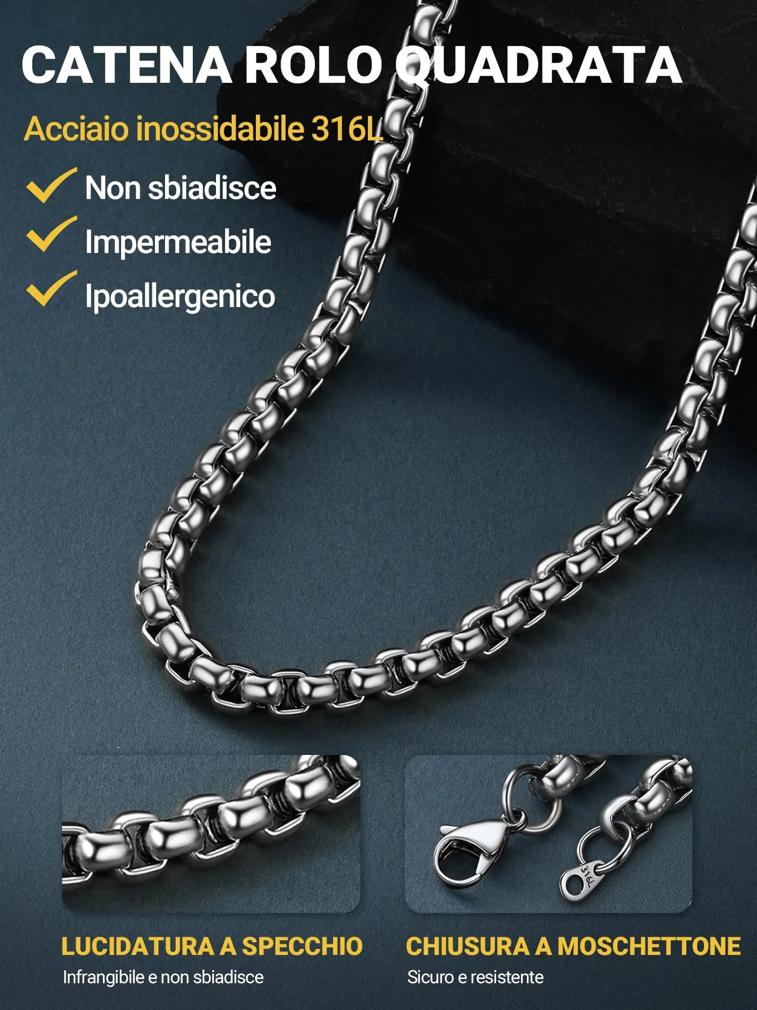 PROSTEEL Collana a Maglia Veneziana in Acciaio Inox Chirurgico, 8mm, 61cm - immagine 3