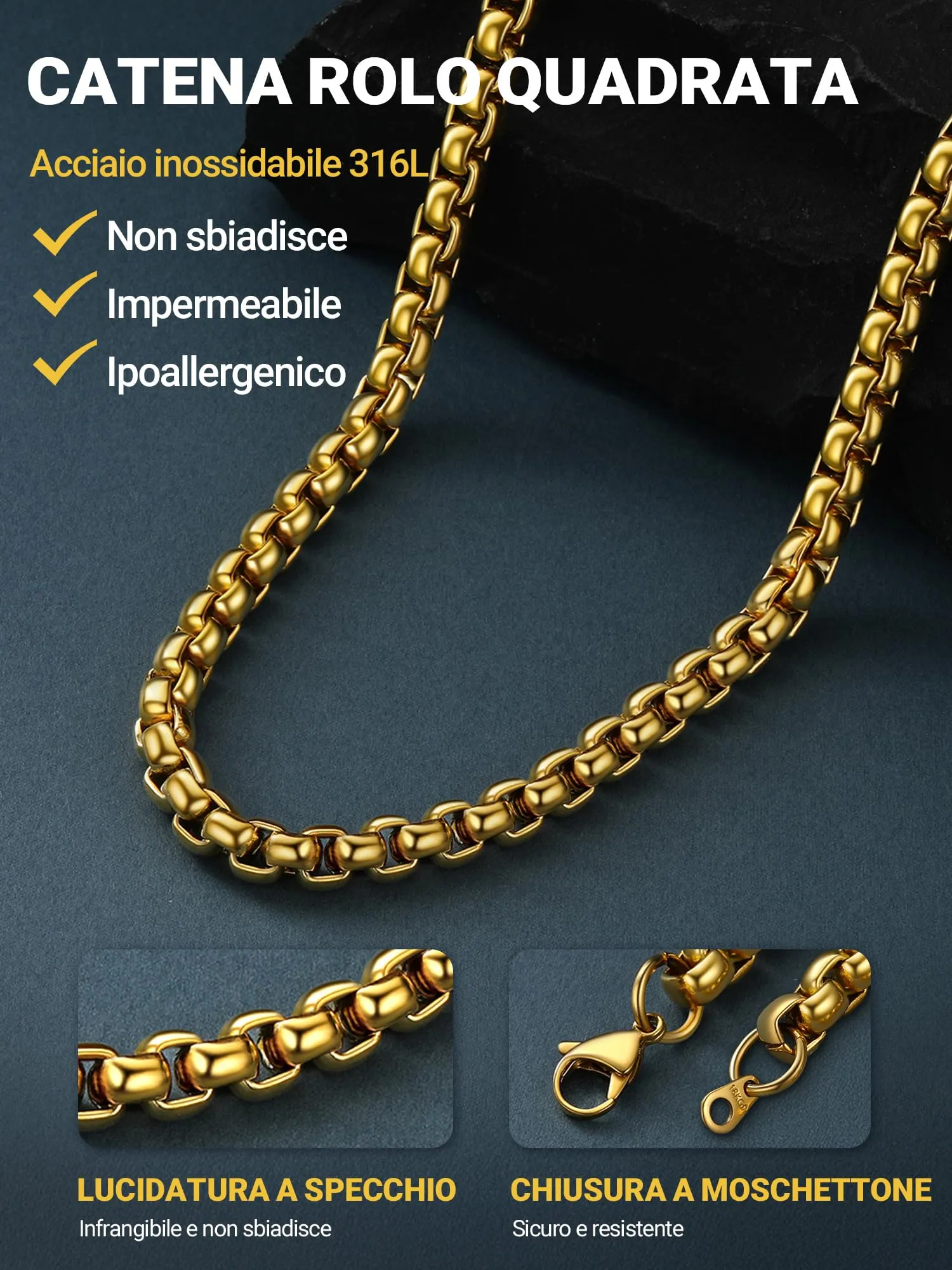 PROSTEEL Collana a Maglia Veneziana in Acciaio Inox Chirurgico, 8mm, 71cm - immagine 6