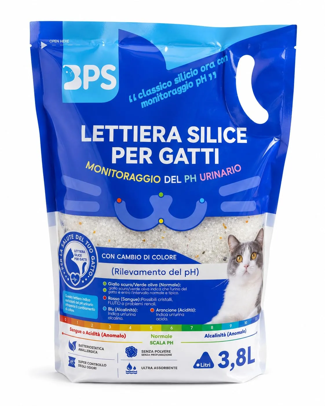 BPS Buena Pet Shop Lettiera per Gatto in Silicio, 30.4 Litri (8 Buste da 3.8L), Monitoraggio PH Urina, Antibatterica e Anti-odore - immagine 2