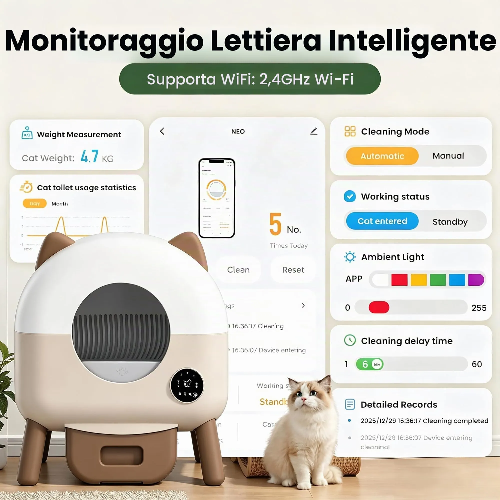 SEERFashion Lettiera Gatto Autopulente con App, Automatica, Capacità 89 L, Triplo Sensore di Sicurezza, Modello XXL - immagine 6