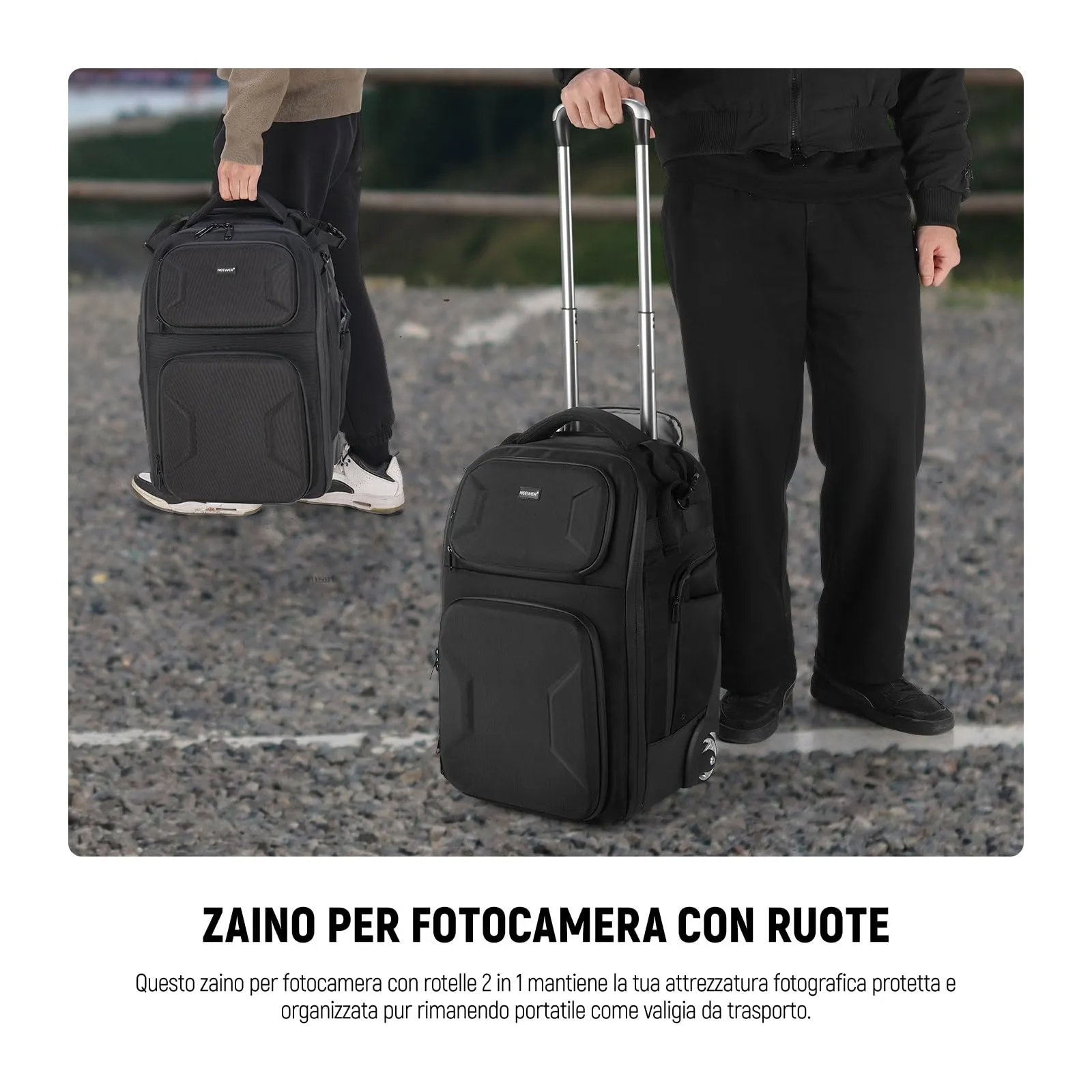 NEEWER Borsa Fotocamera 2in1 con Ruote e Zaino, Divisori Antiurto, Maniglia Retrattile, Copertura Antipioggia, Nero, PB027 - immagine 3