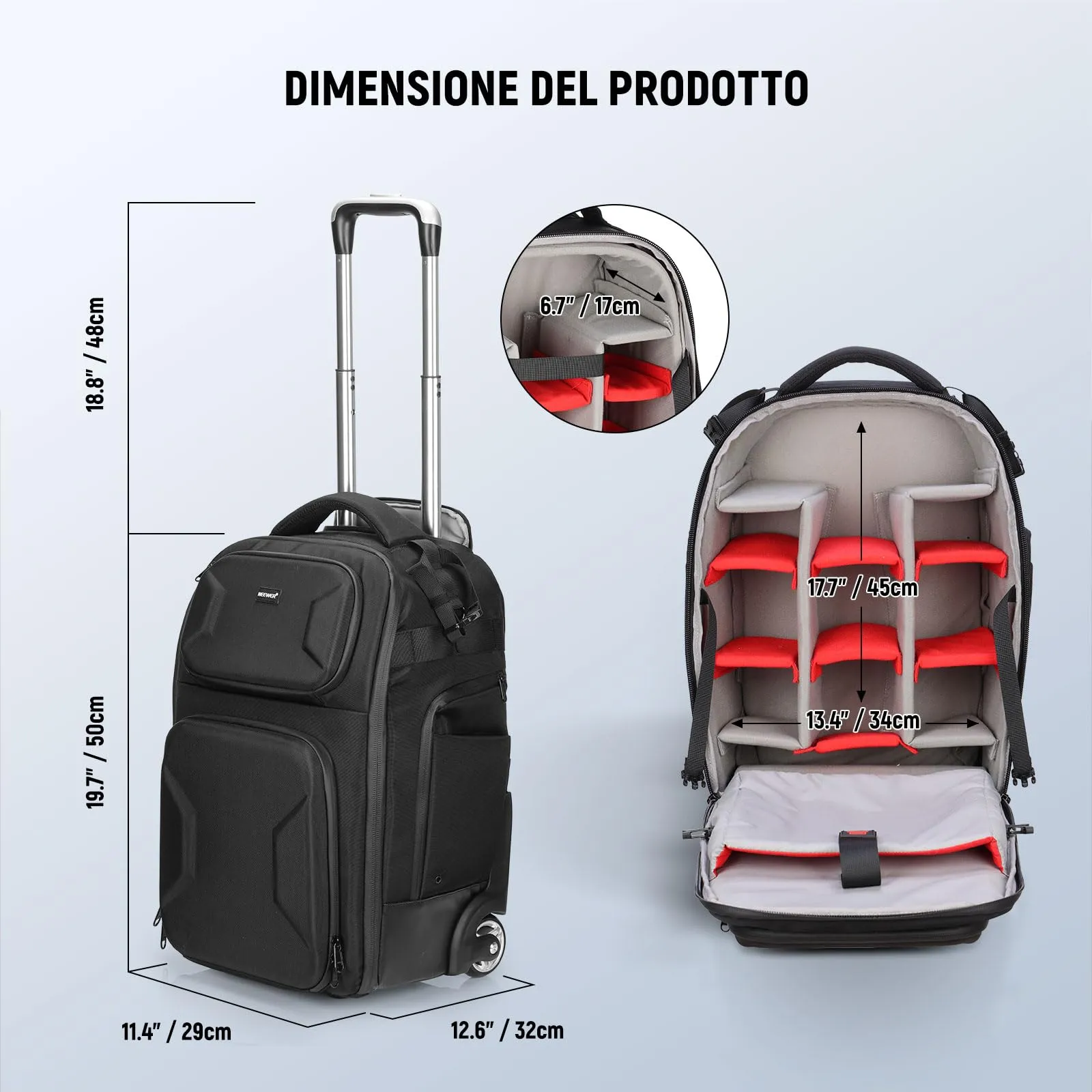 NEEWER Borsa Fotocamera 2in1 con Ruote e Zaino, Divisori Antiurto, Maniglia Retrattile, Copertura Antipioggia, Nero, PB027 - immagine 4