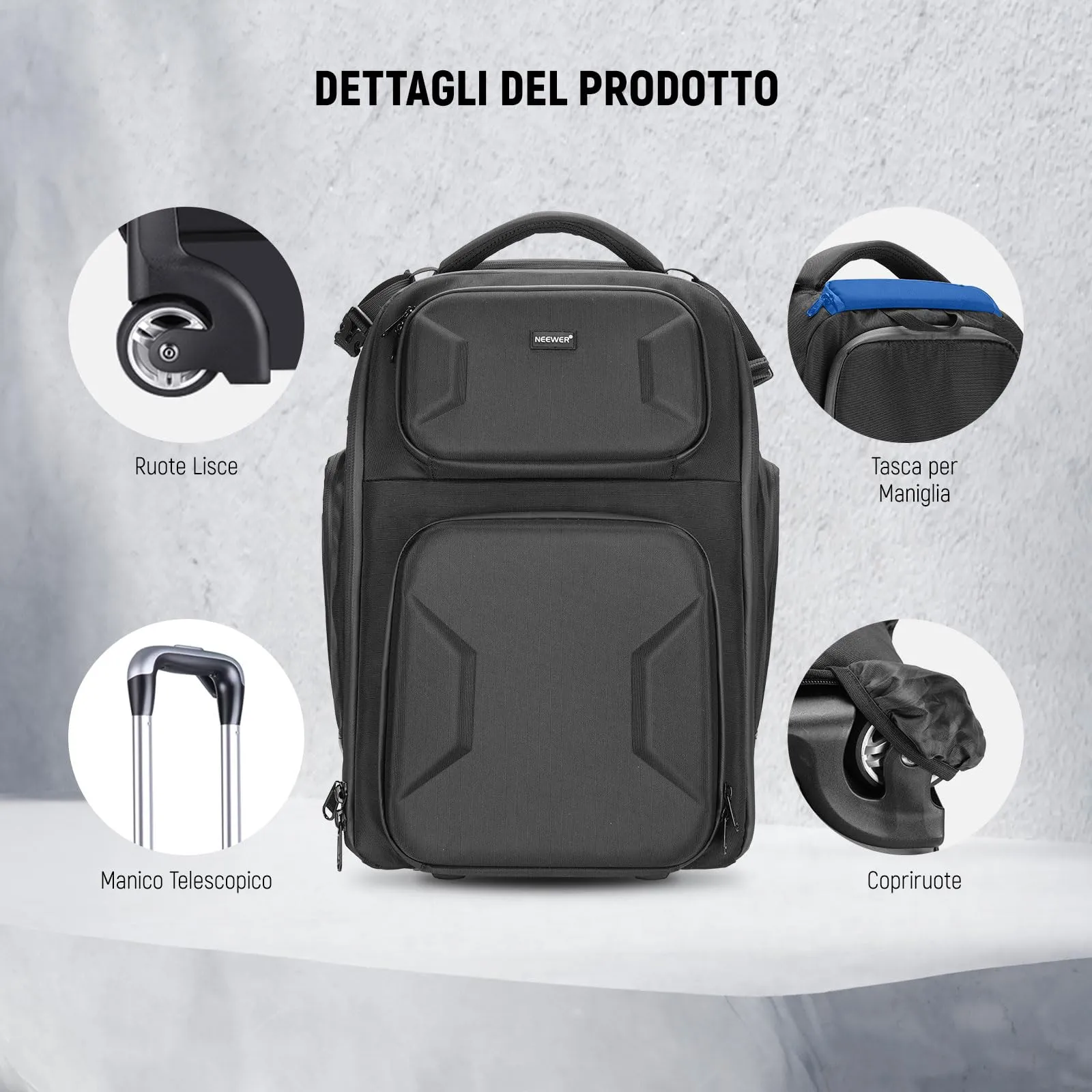 NEEWER Borsa Fotocamera 2in1 con Ruote e Zaino, Divisori Antiurto, Maniglia Retrattile, Copertura Antipioggia, Nero, PB027 - immagine 8