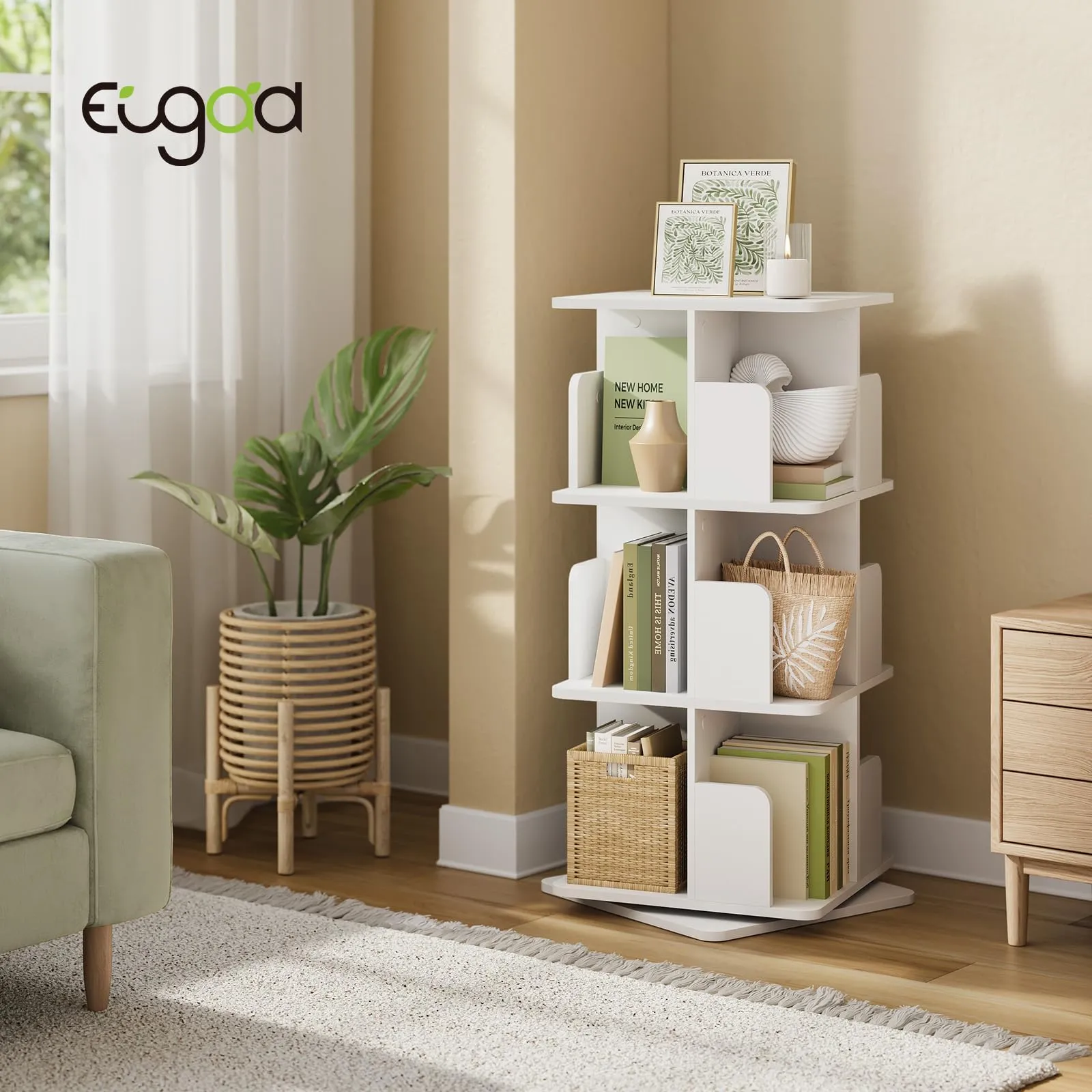 EUGAD Libreria Girevole a 3 Livelli con 12 Scomparti, 40x40x94,5 cm, Bianco - immagine 2