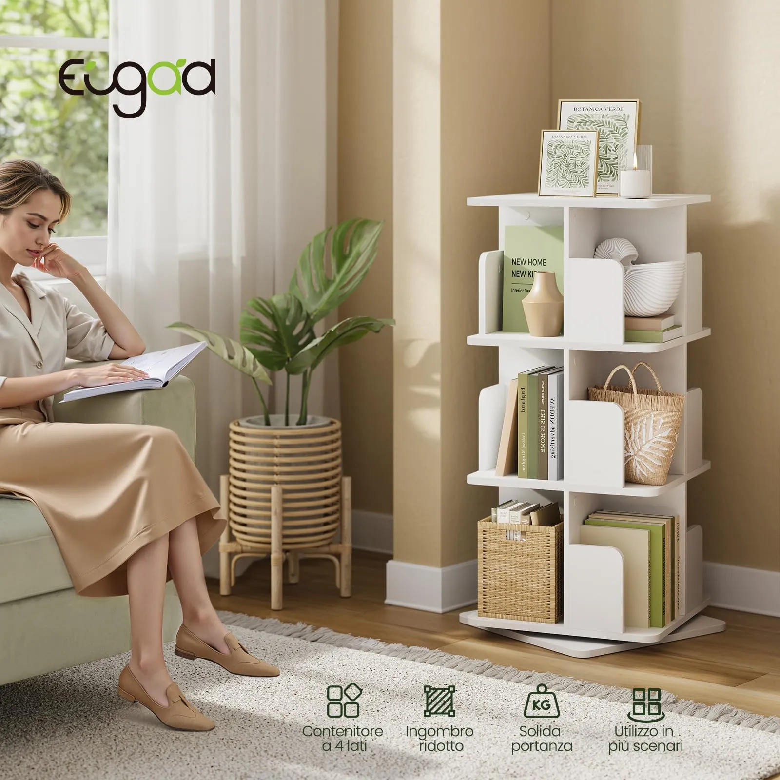 EUGAD Libreria Girevole a 3 Livelli con 12 Scomparti, 40x40x94,5 cm, Bianco - immagine 3