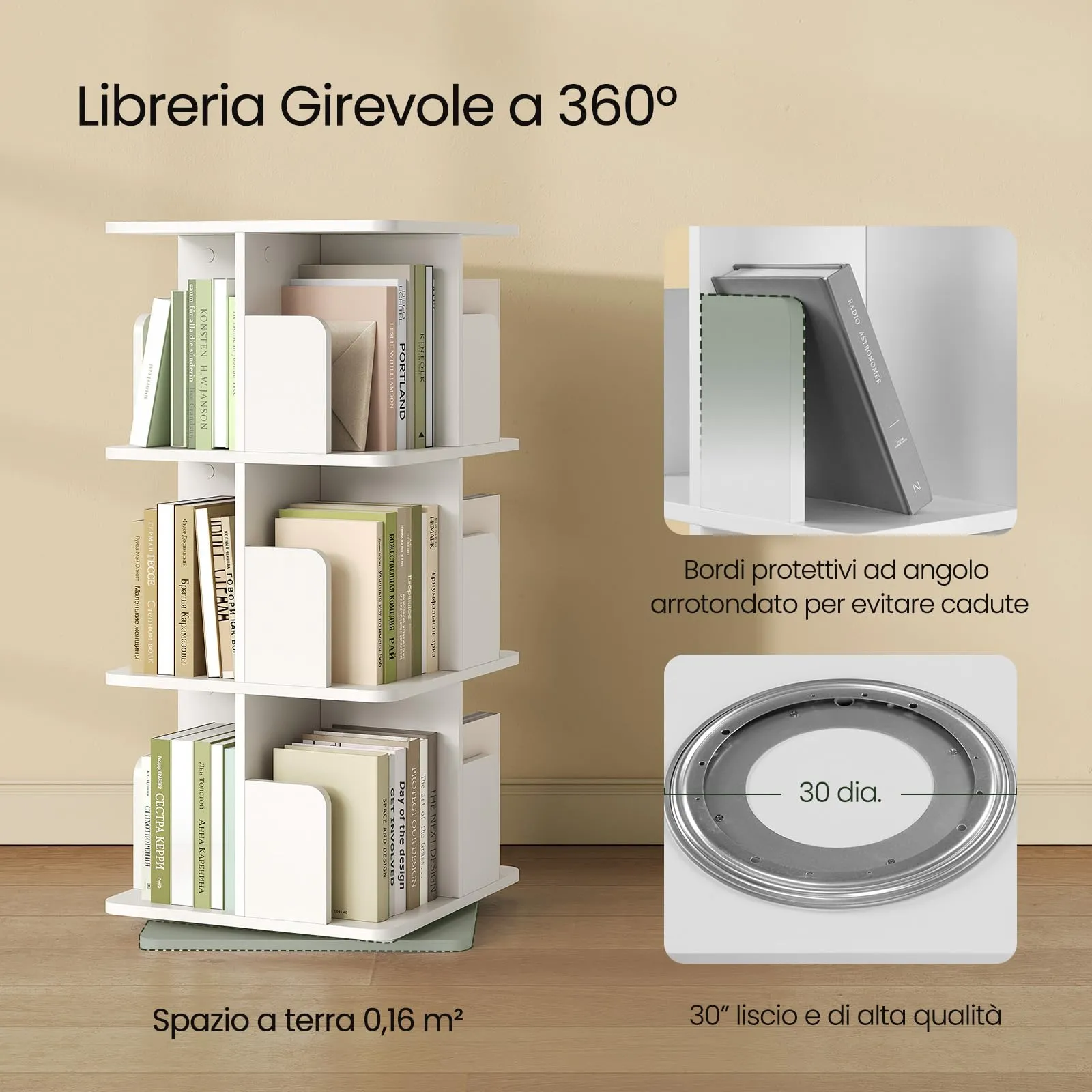 EUGAD Libreria Girevole a 3 Livelli con 12 Scomparti, 40x40x94,5 cm, Bianco - immagine 6